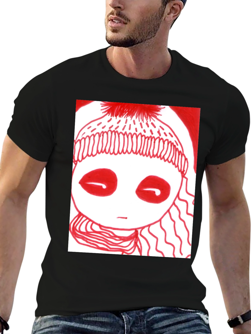 Unique Graphic Tee - Red Drawn Figure Black T-Shirt