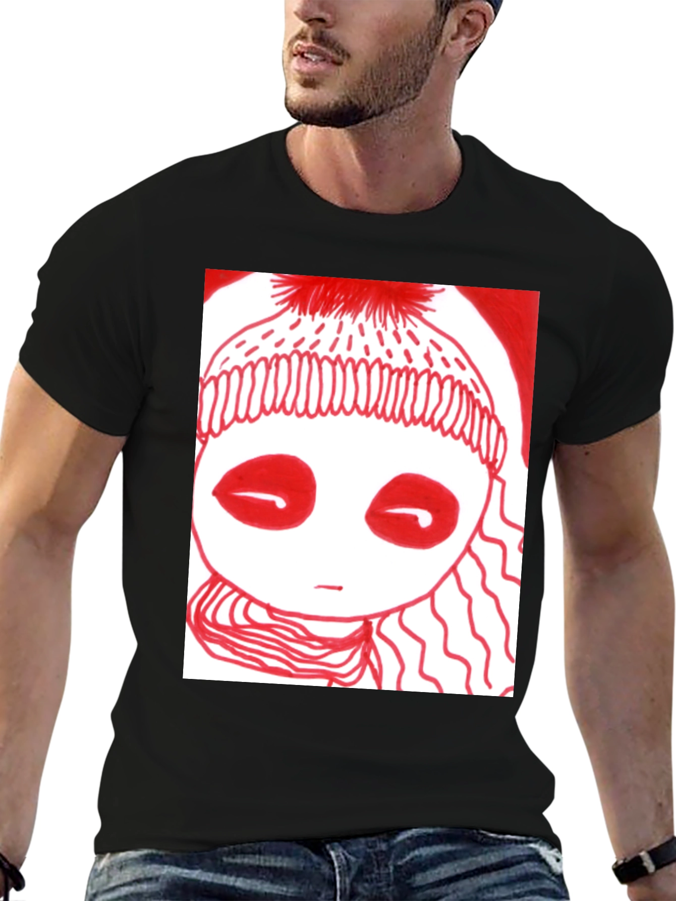 Unique Graphic Tee - Red Drawn Figure Black T-Shirt