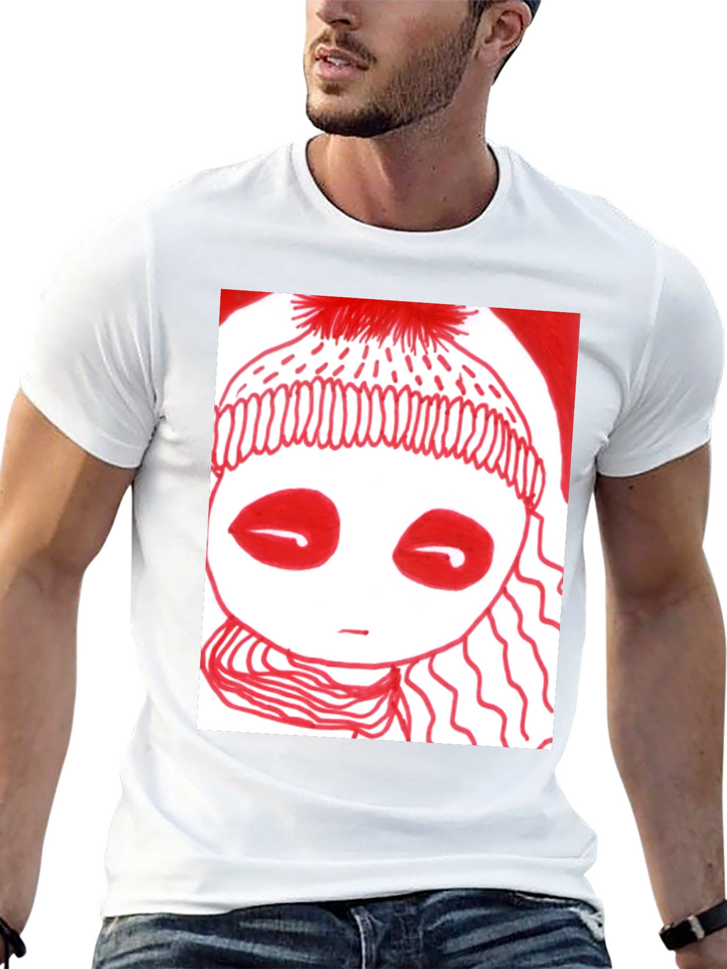 Unique Graphic Tee - Red Drawn Figure Black T-Shirt