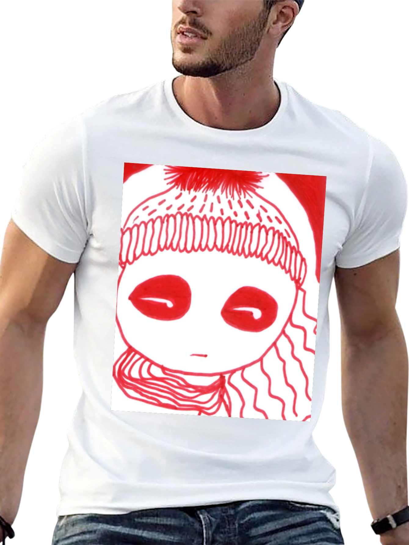 Unique Graphic Tee - Red Drawn Figure Black T-Shirt