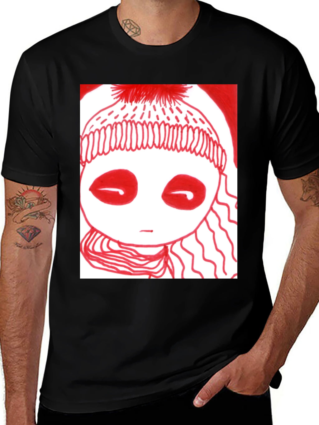 Unique Graphic Tee - Red Drawn Figure Black T-Shirt