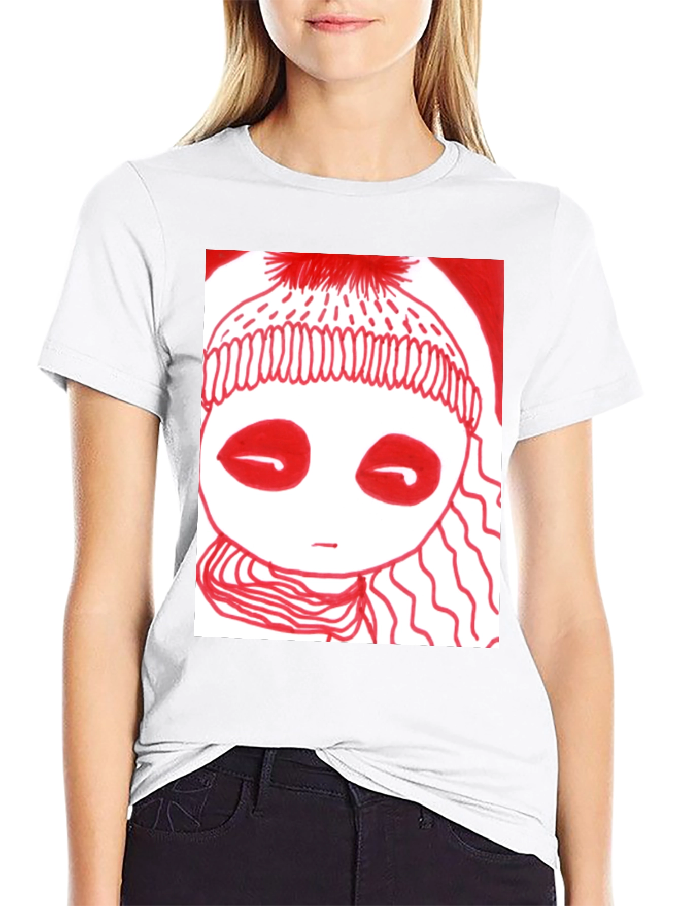 Unique Graphic Tee - Red Drawn Figure Black T-Shirt