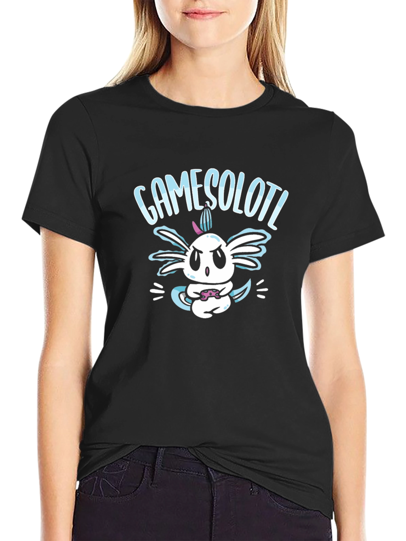 GameSolotl Black T-Shirt: Axolotl Gamer Design