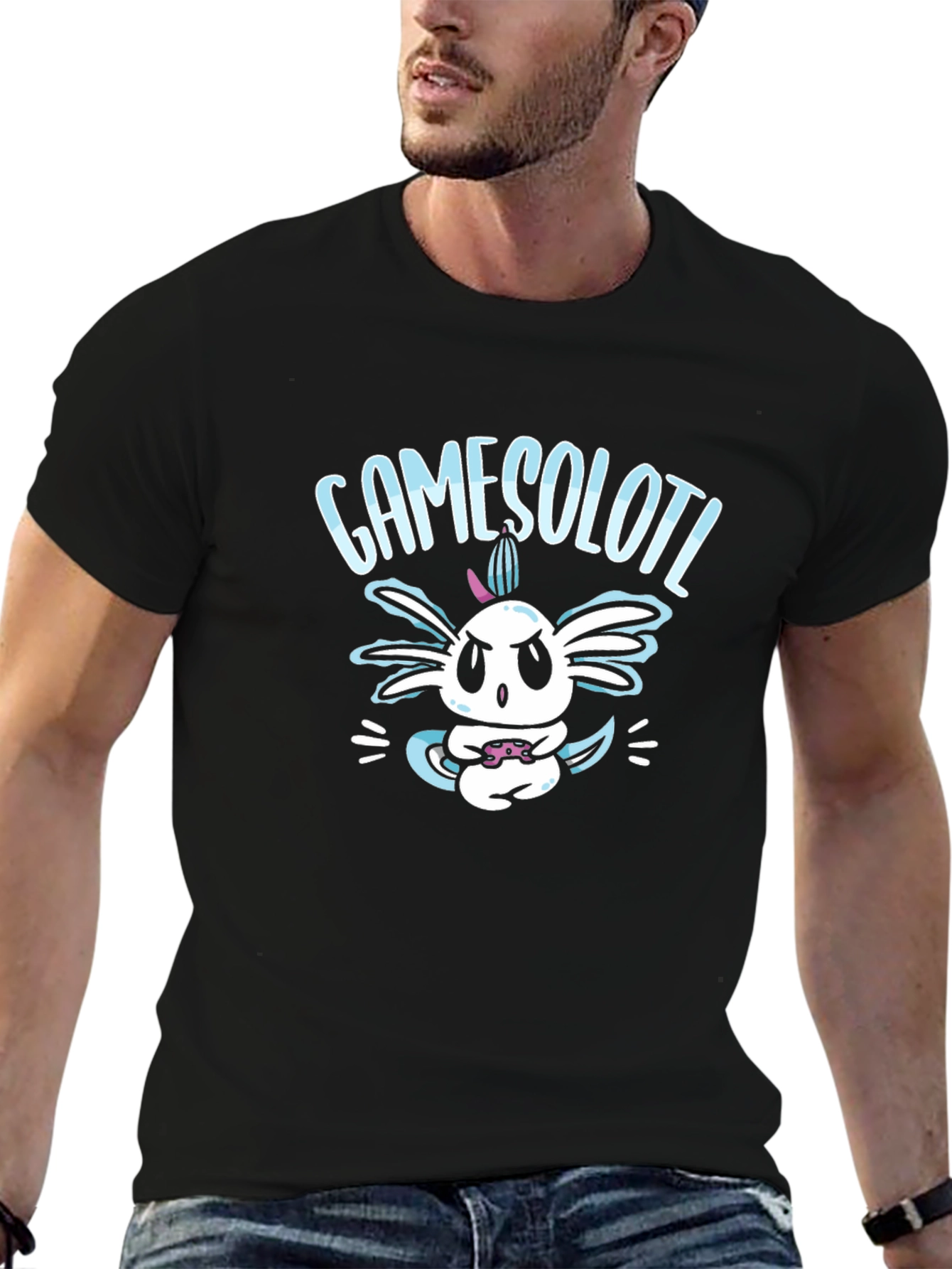 GameSolotl Black T-Shirt: Axolotl Gamer Design