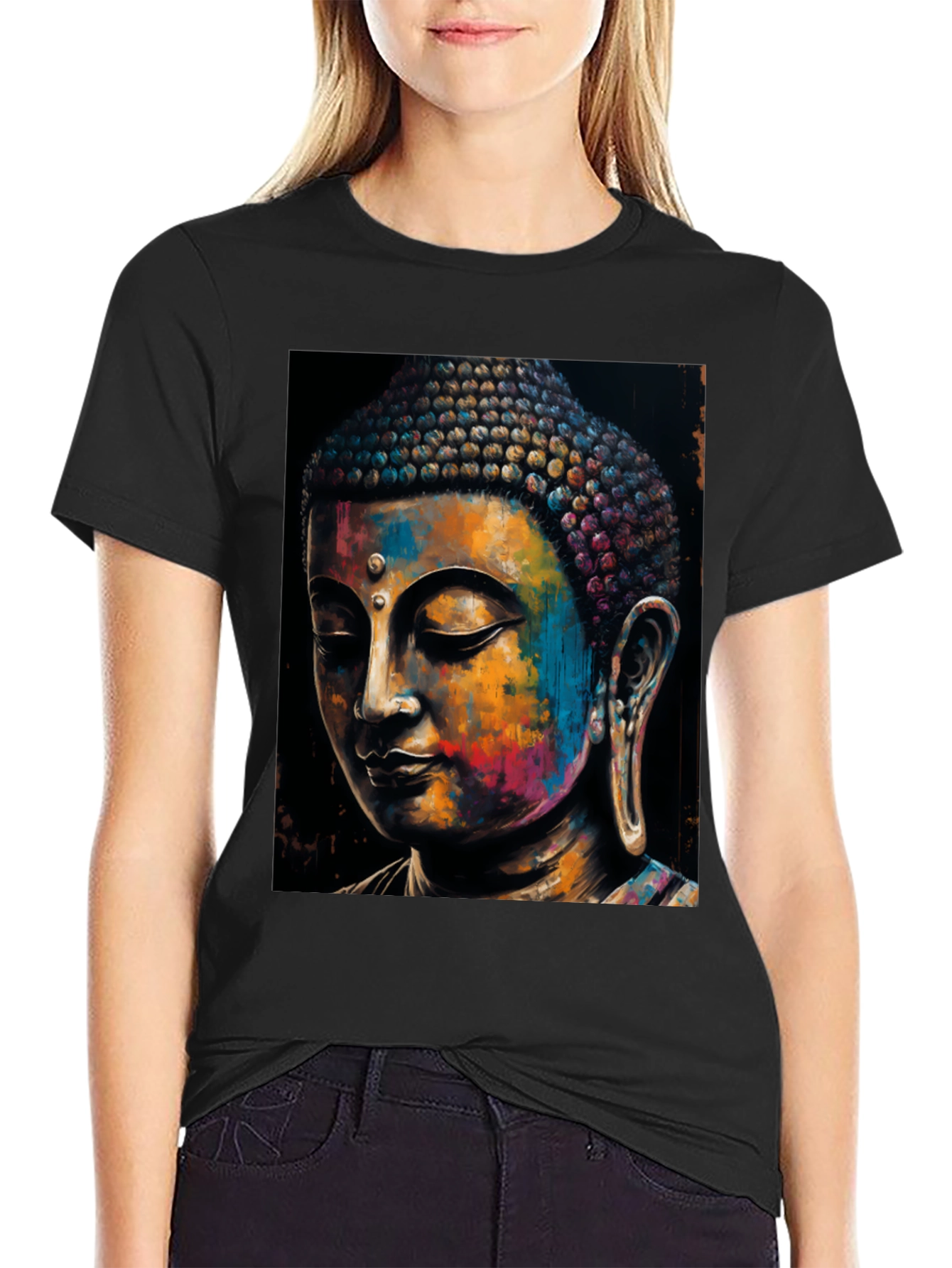 Colorful Buddha Graphic Tee - Mens Black T-Shirt