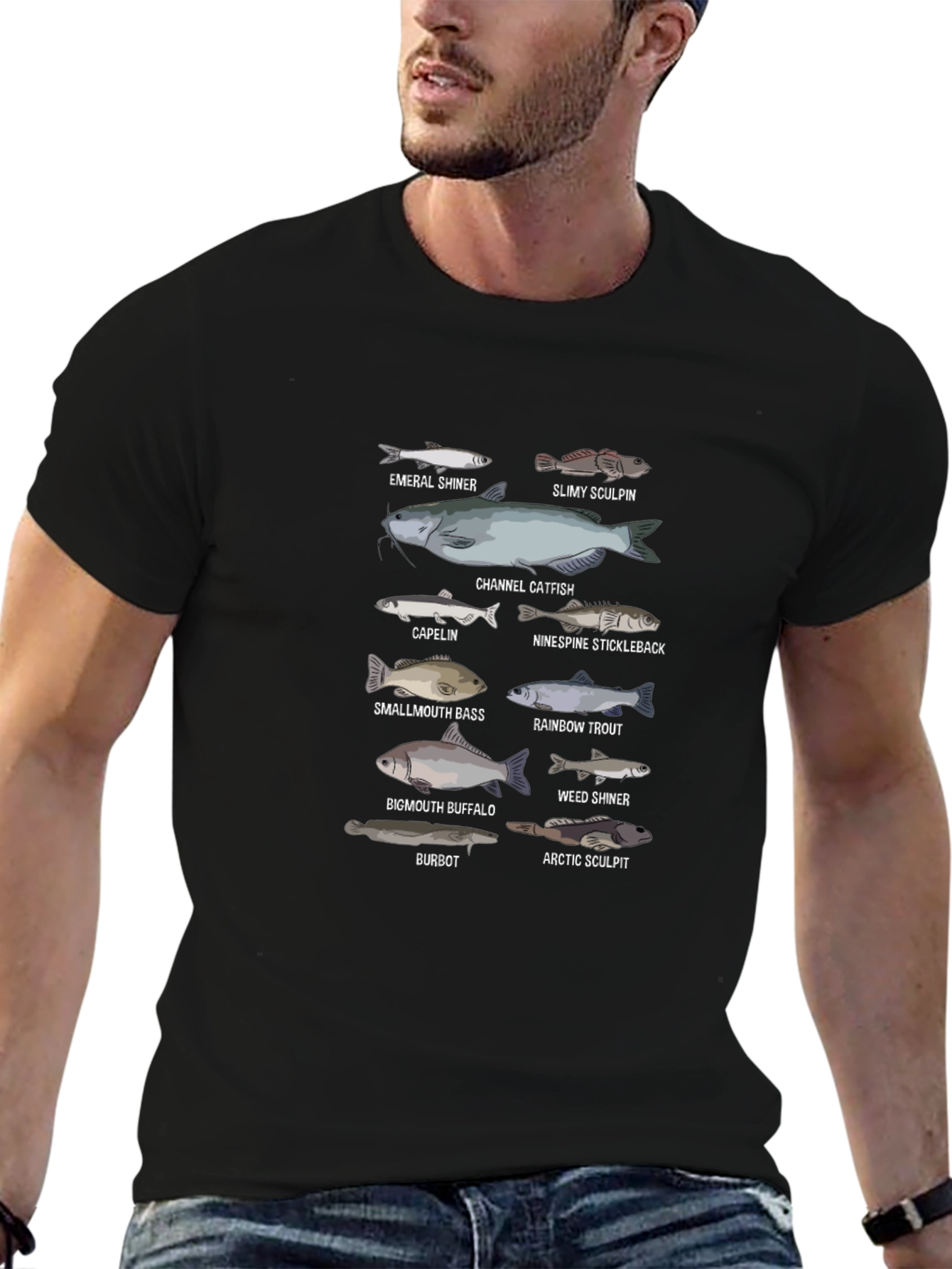 Fish Species Graphic Print Black T-Shirt