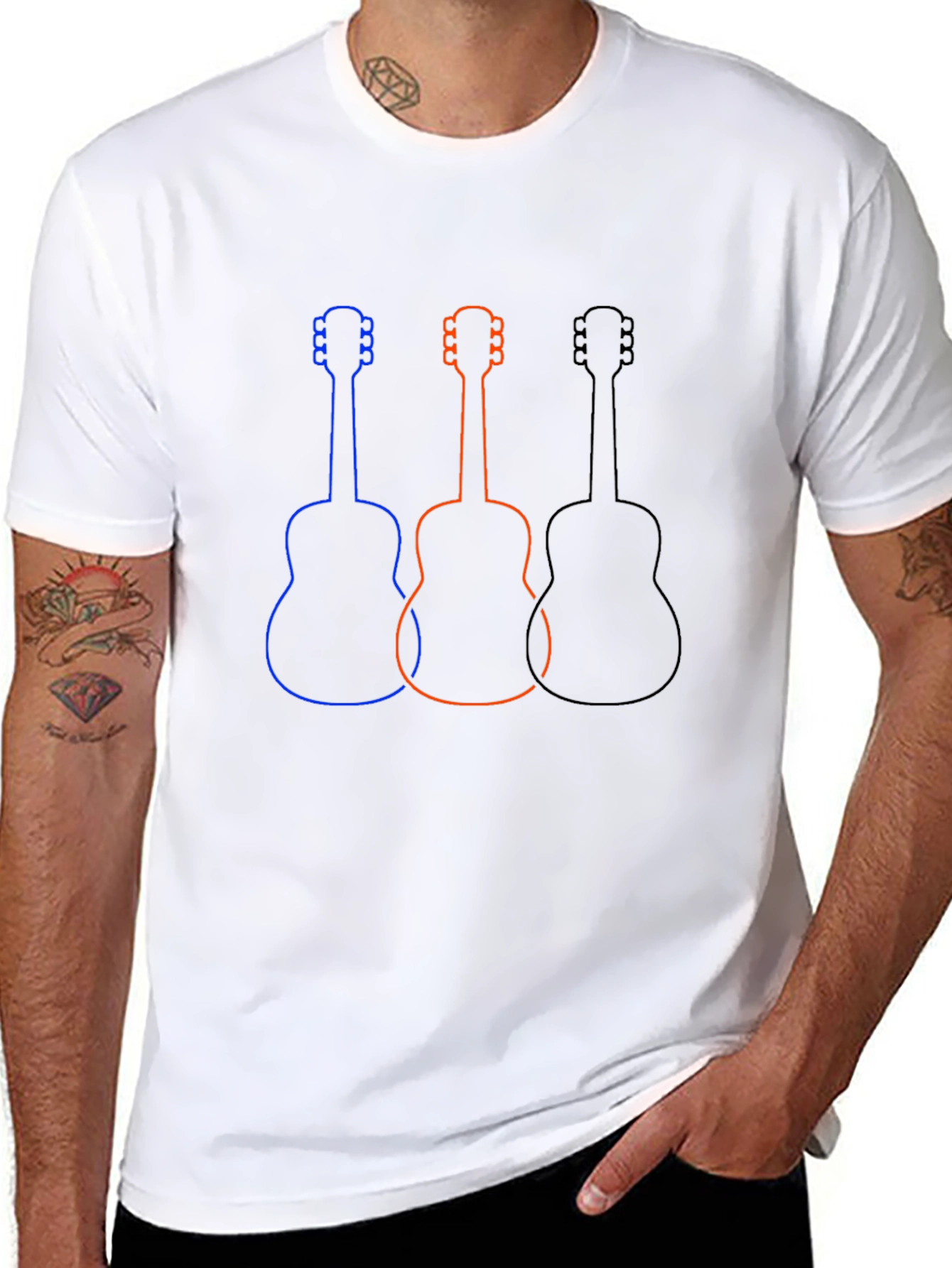 Guitar Outline Graphic Tee - Casual Black T-Shirt