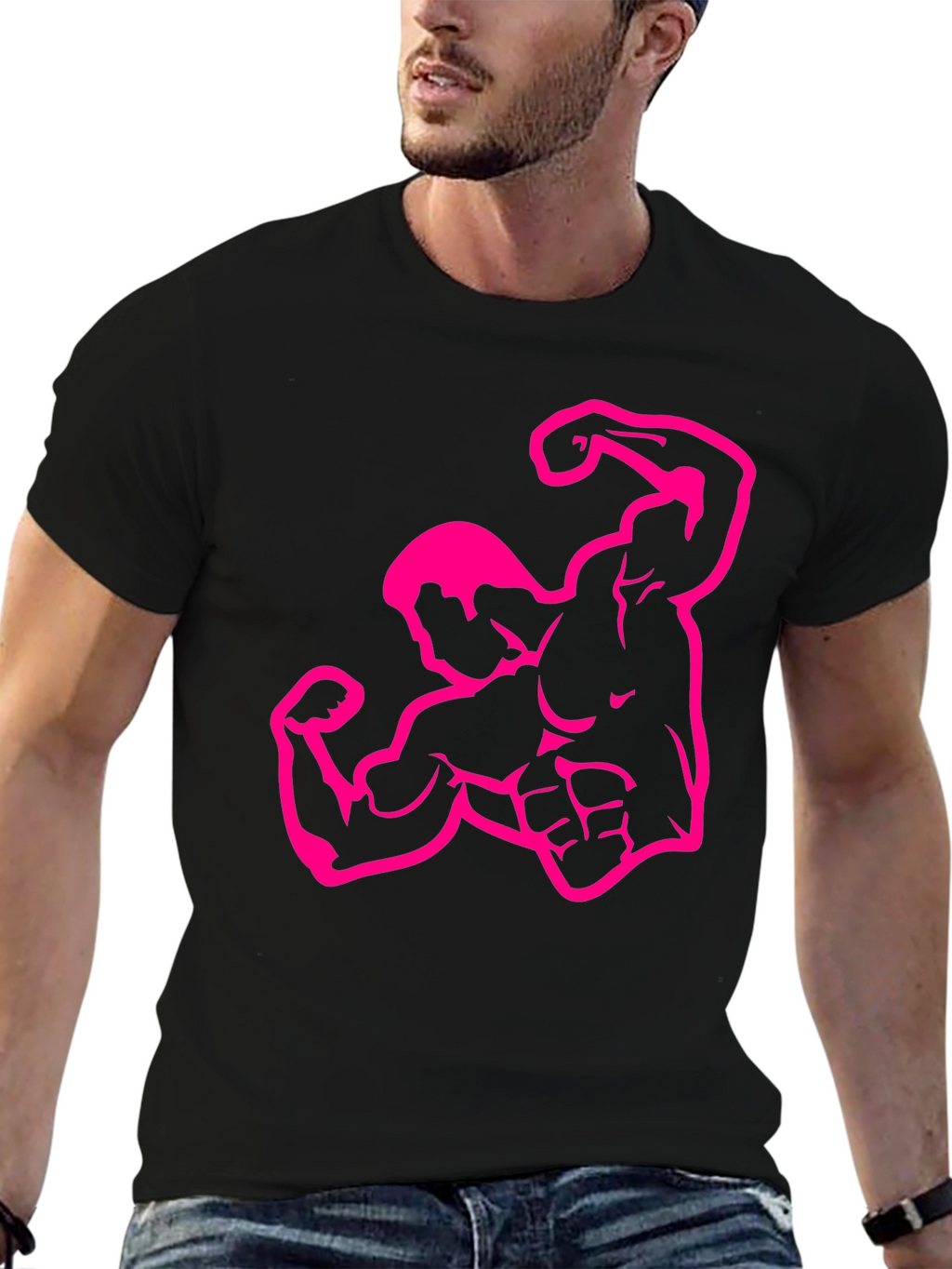 Muscle Man Graphic Tee - Black Crew Neck T-Shirt