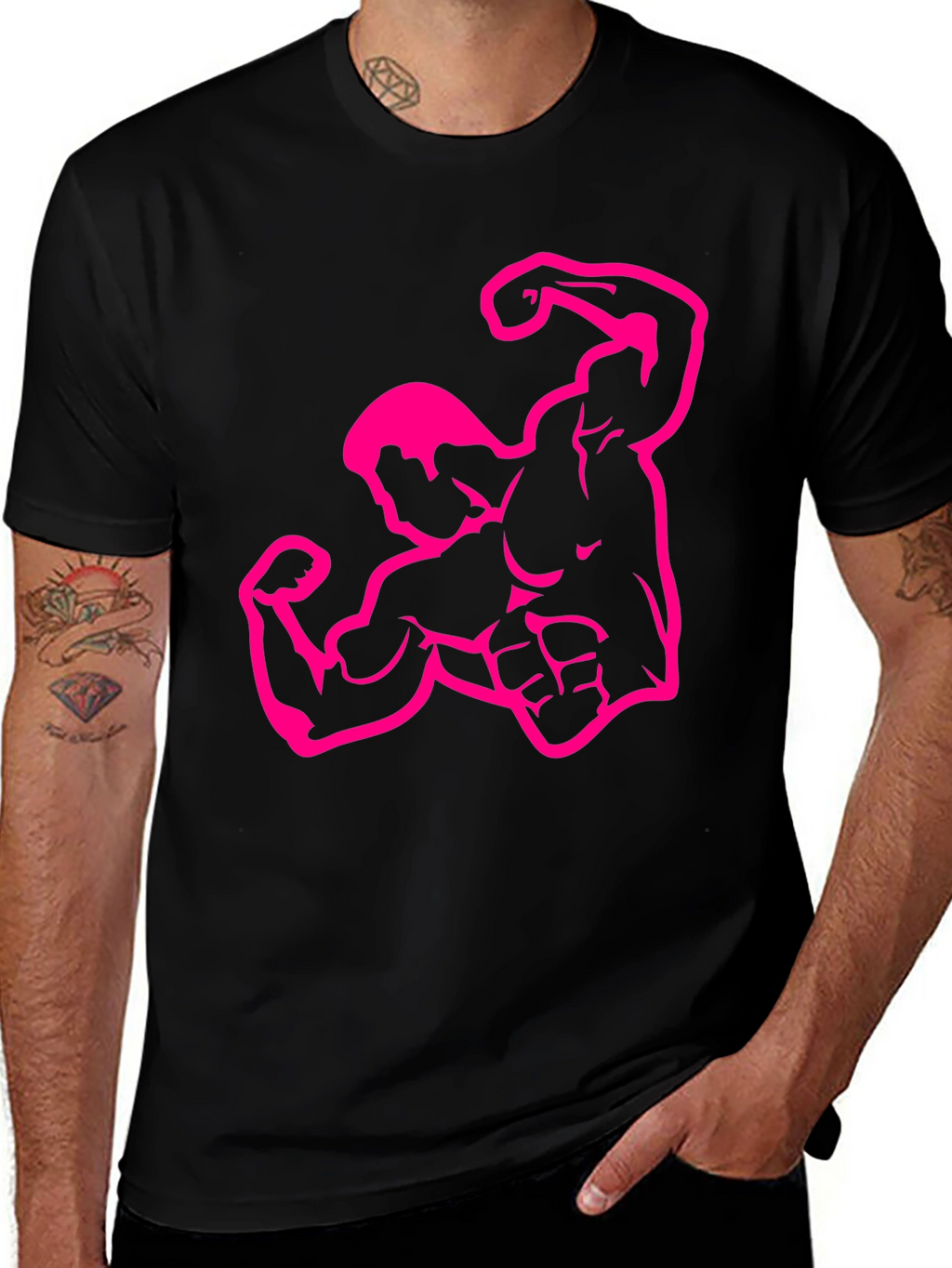 Muscle Man Graphic Tee - Black Crew Neck T-Shirt