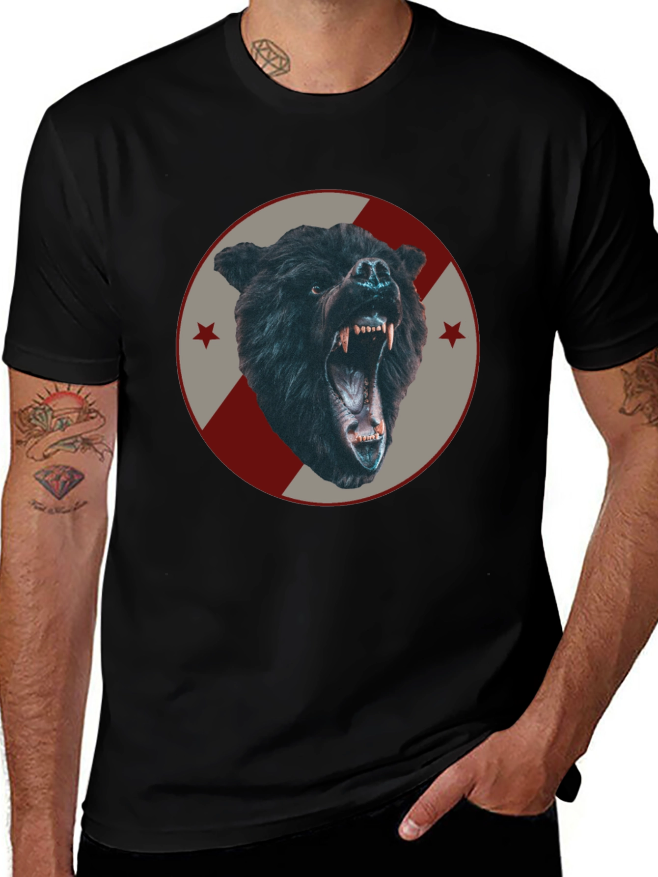 Mens Black Bear Graphic Tee - Fierce Animal Design