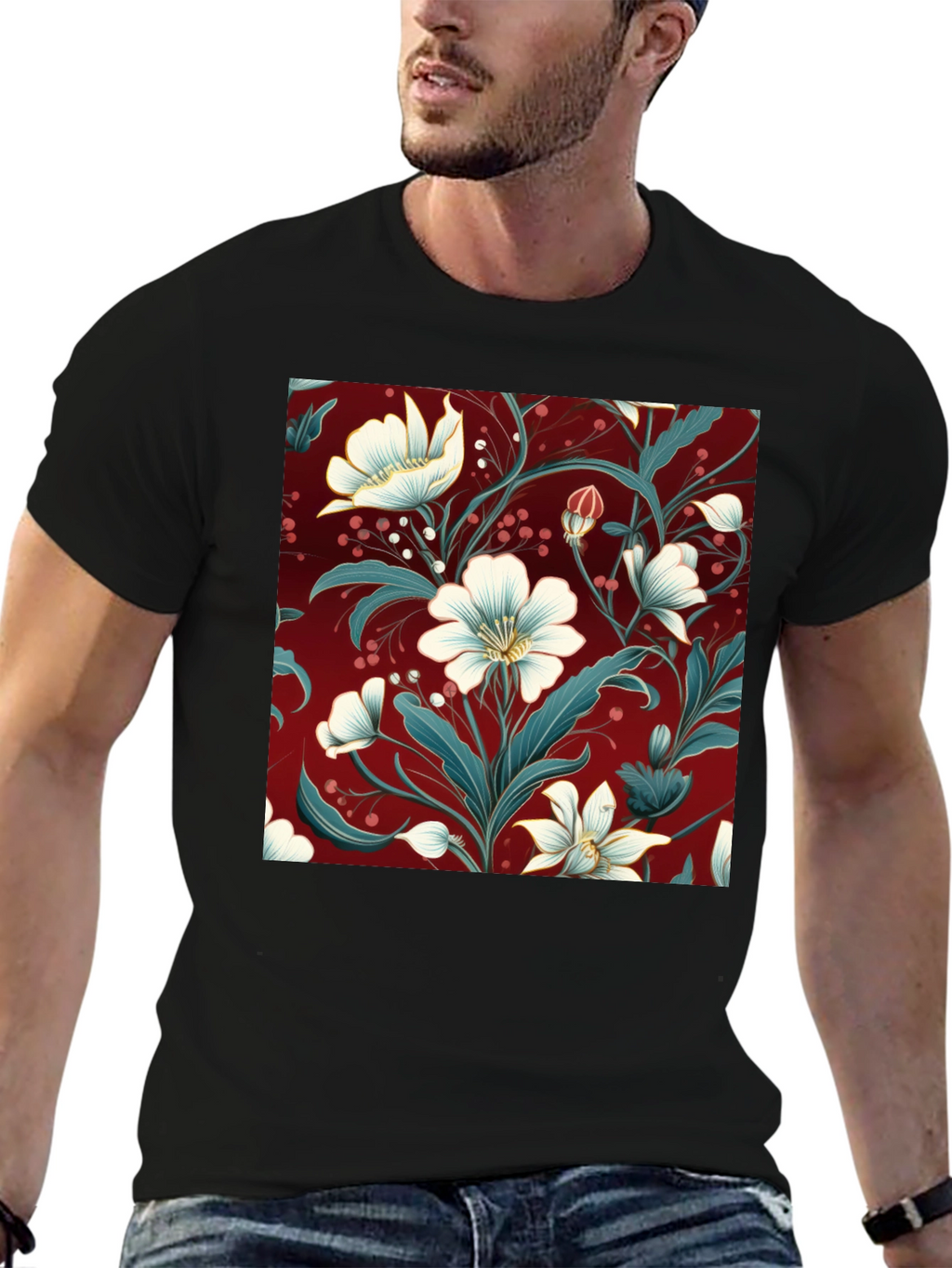 Floral Print Black T-Shirt - Stylish Botanical Design