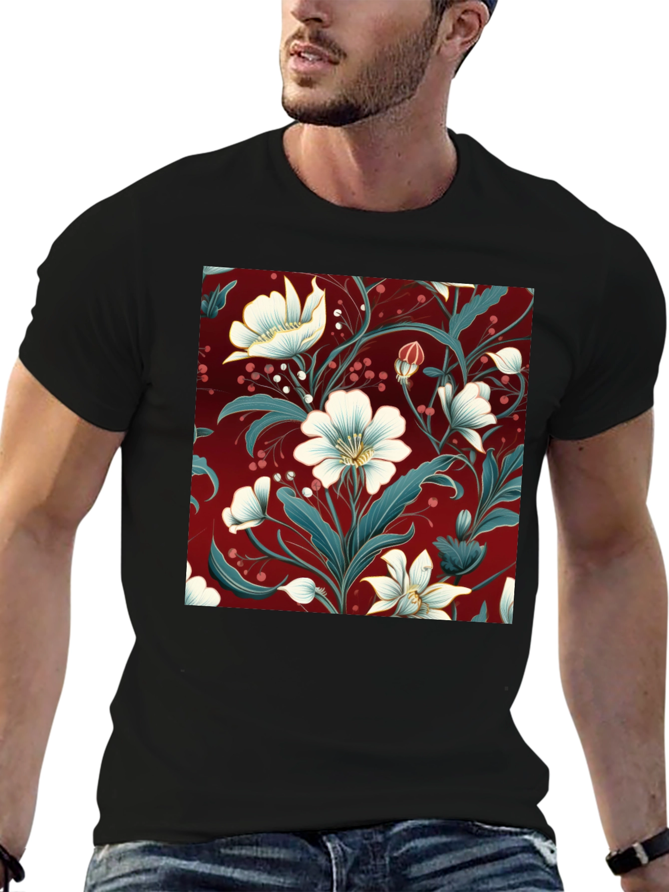 Floral Print Black T-Shirt - Stylish Botanical Design