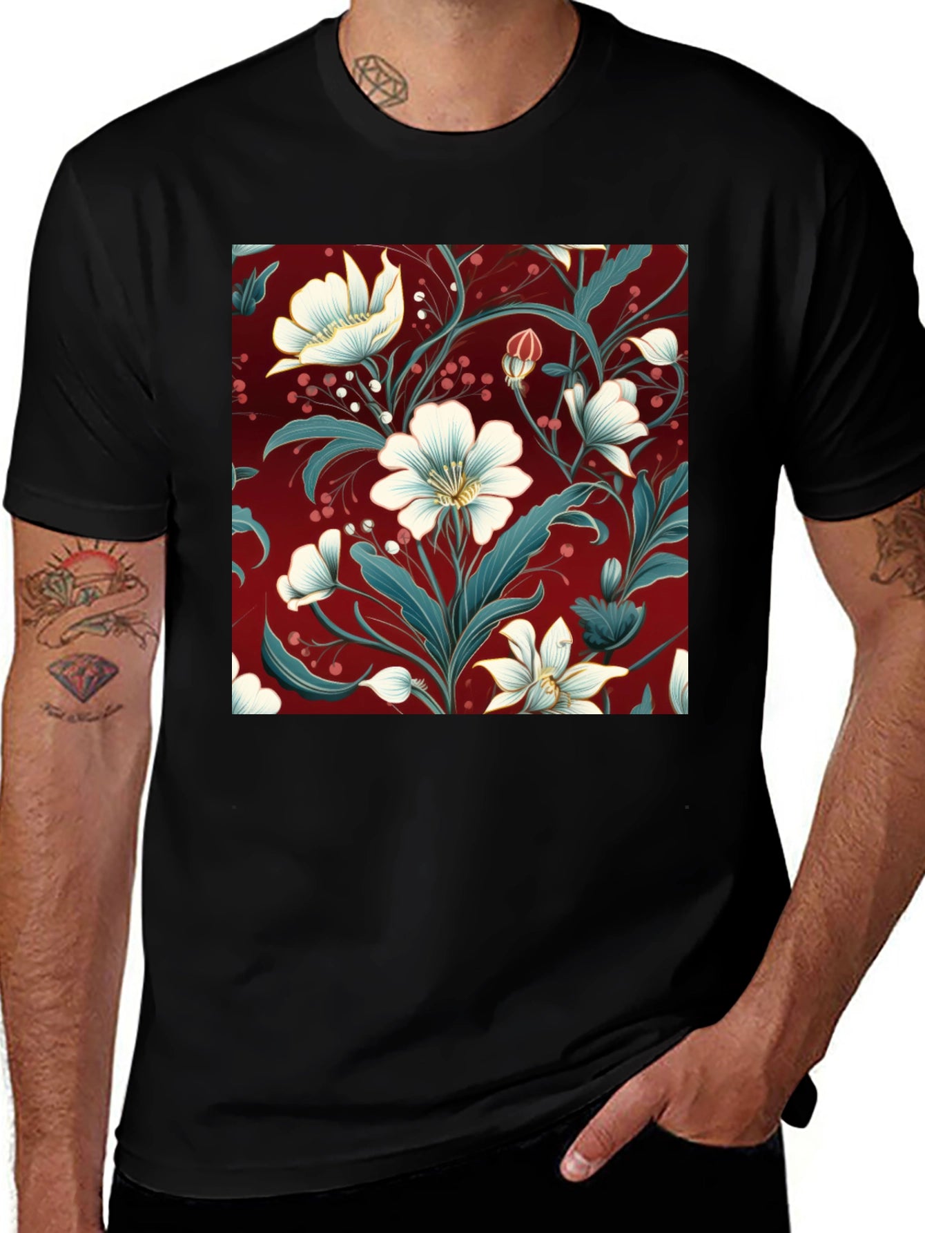 Floral Print Black T-Shirt - Stylish Botanical Design