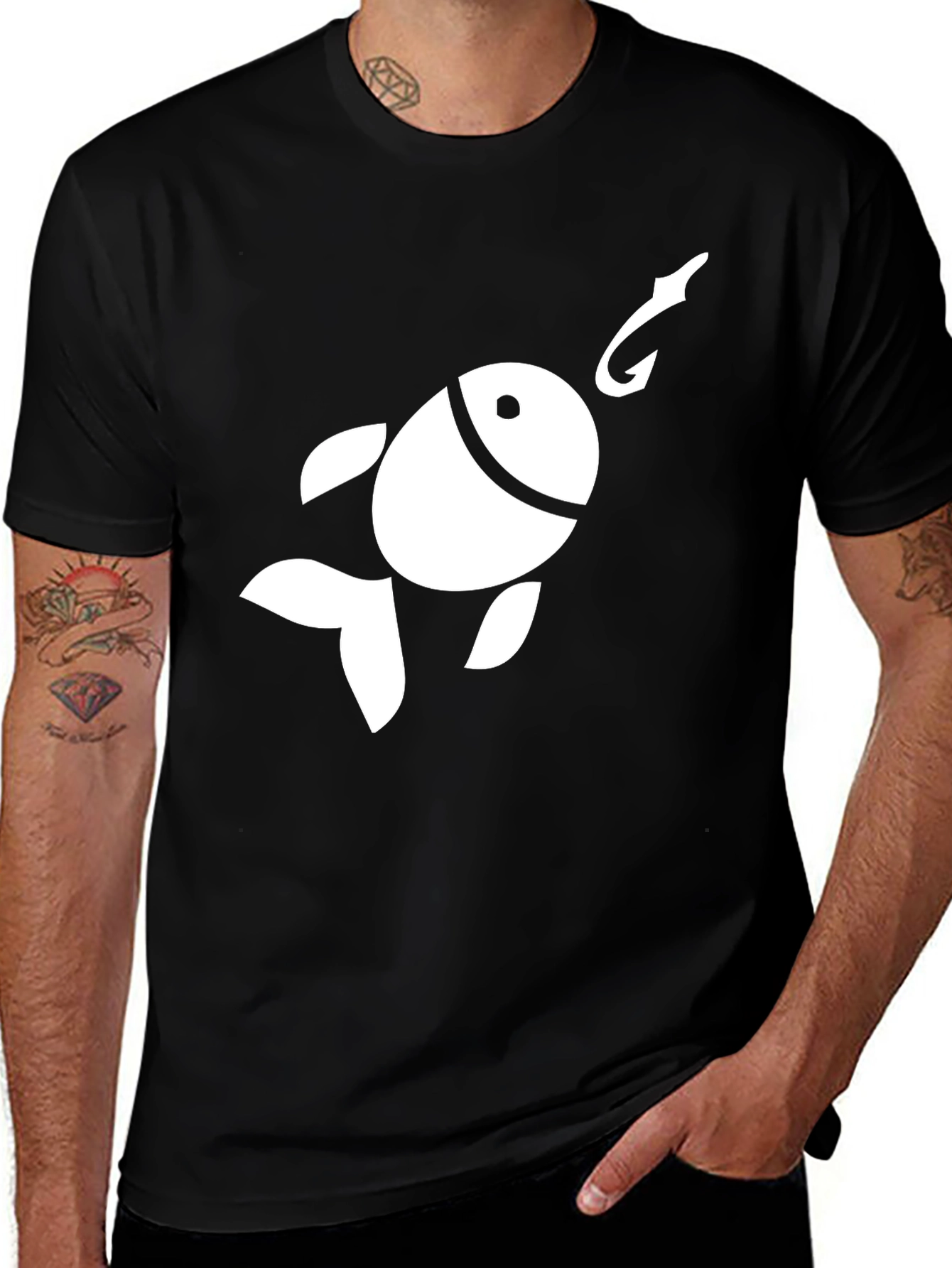 Funny Fish Hook Graphic T-Shirt - Black