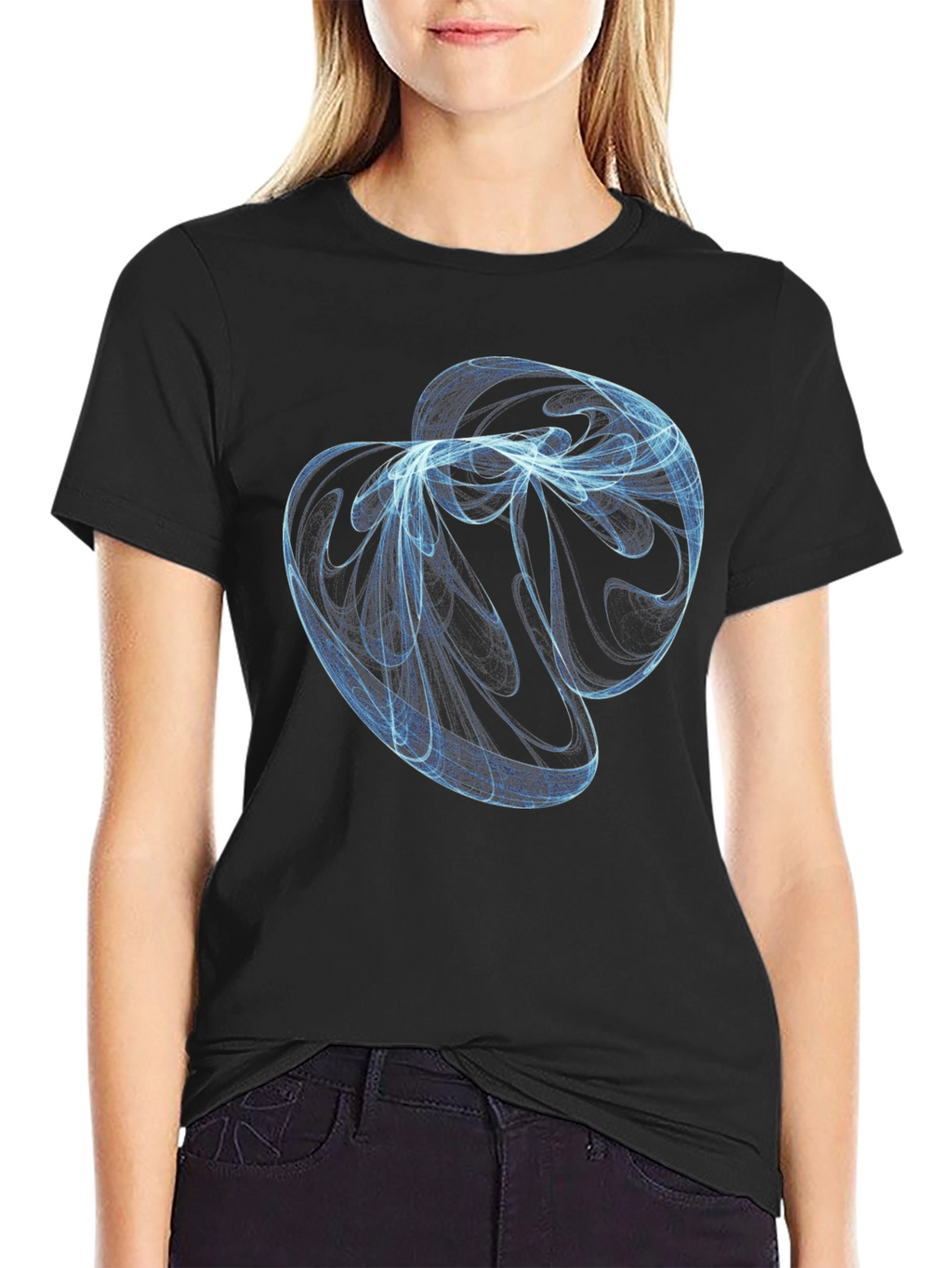 Abstract Blue Swirl Graphic Black T-Shirt