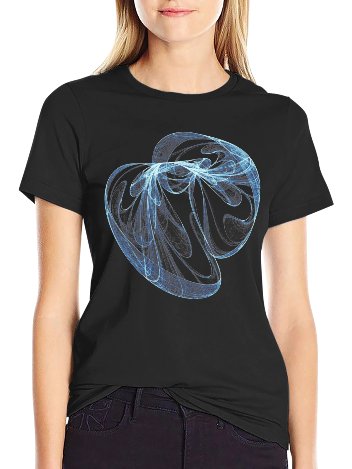 Abstract Blue Swirl Graphic Black T-Shirt