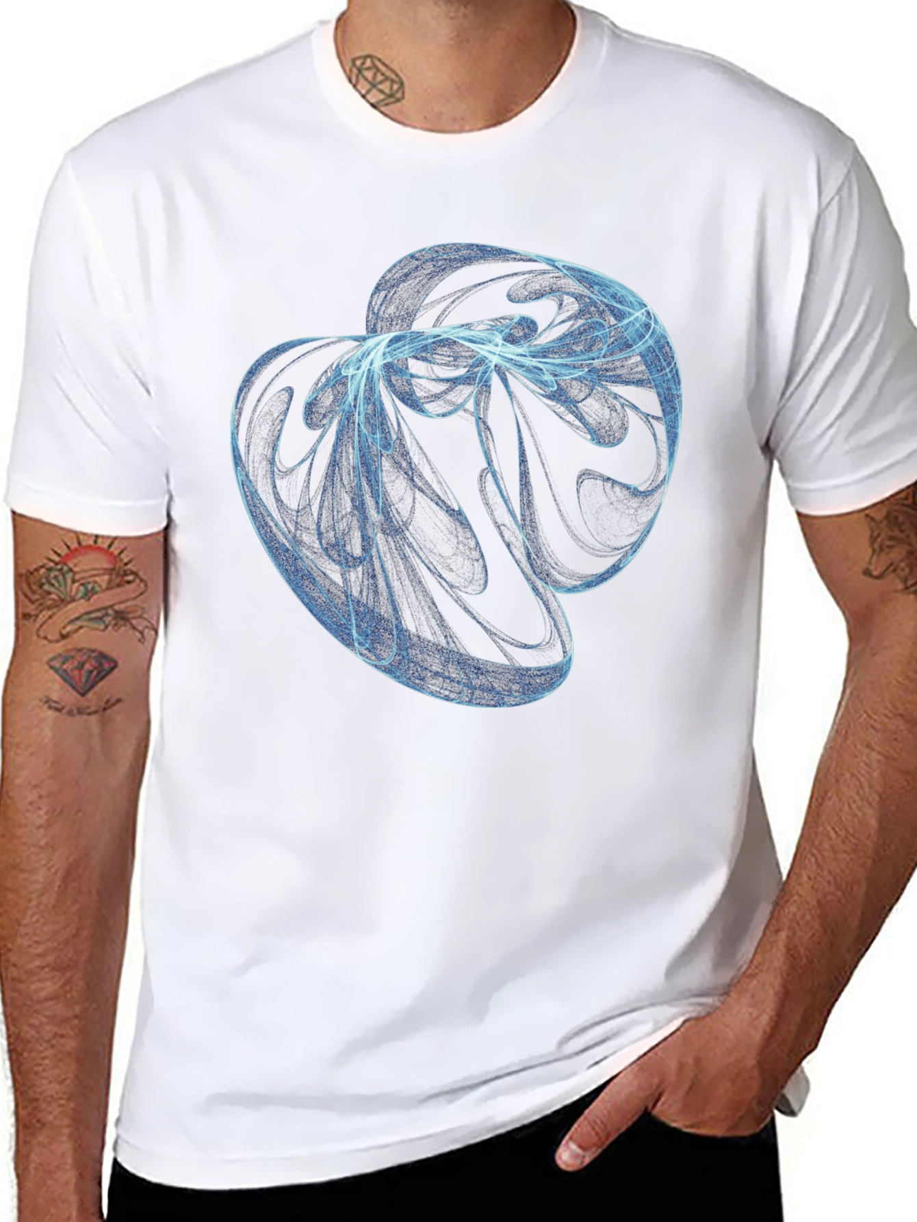 Abstract Blue Swirl Graphic Black T-Shirt