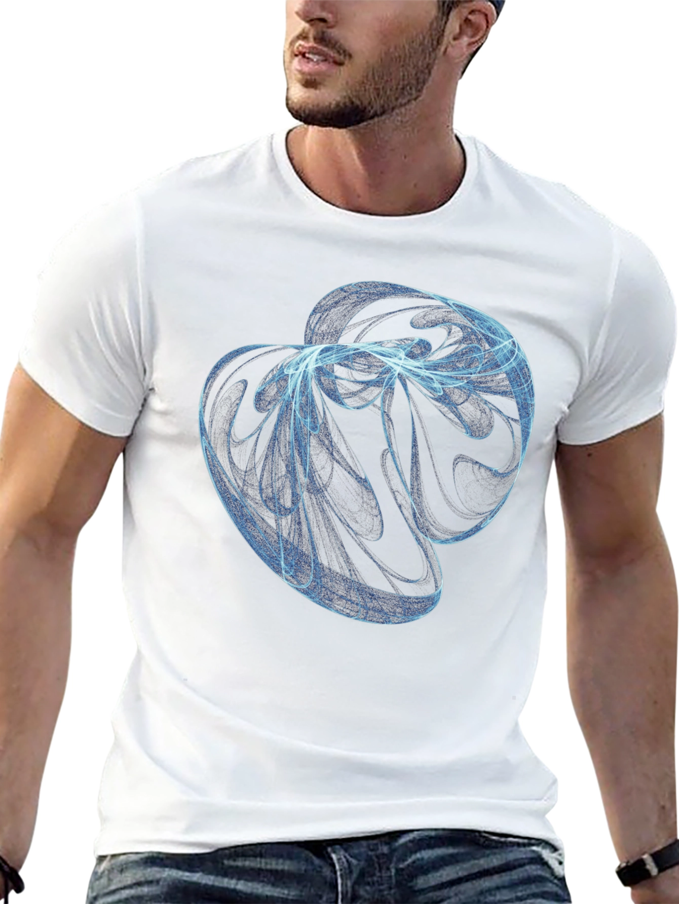Abstract Blue Swirl Graphic Black T-Shirt