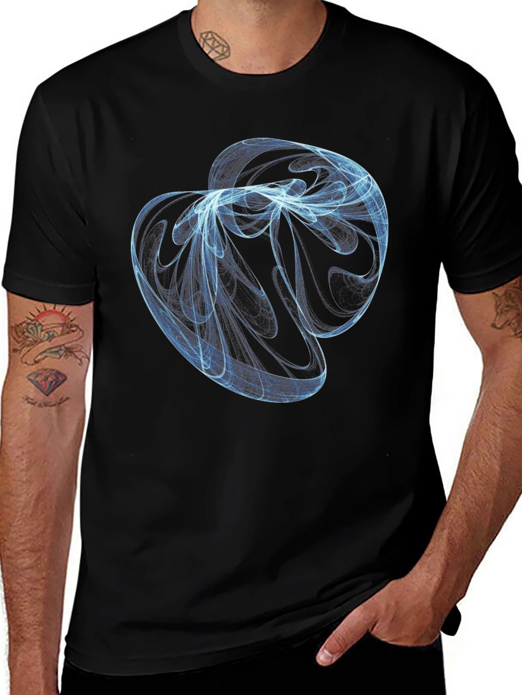 Abstract Blue Swirl Graphic Black T-Shirt