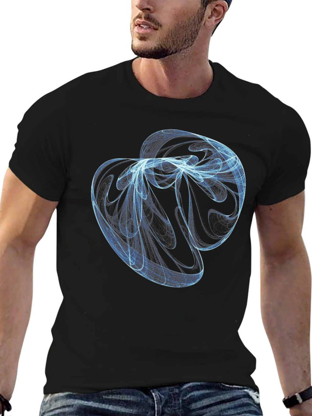 Abstract Blue Swirl Graphic Black T-Shirt