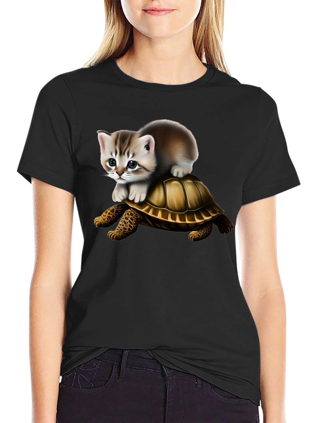 Kitten Riding Turtle Graphic Tee