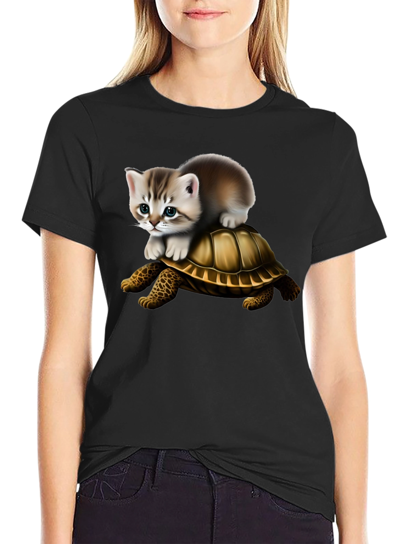 Kitten Riding Turtle Graphic Tee