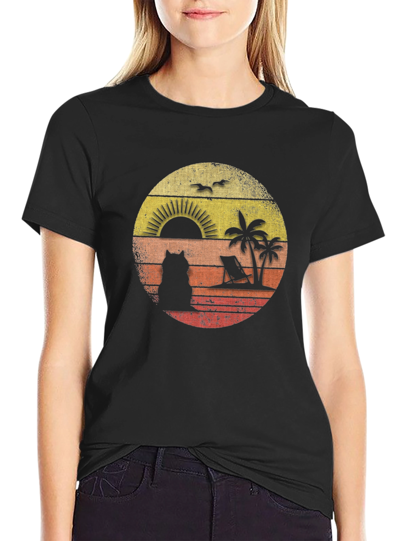 Retro Sunset Cat Beach T-Shirt