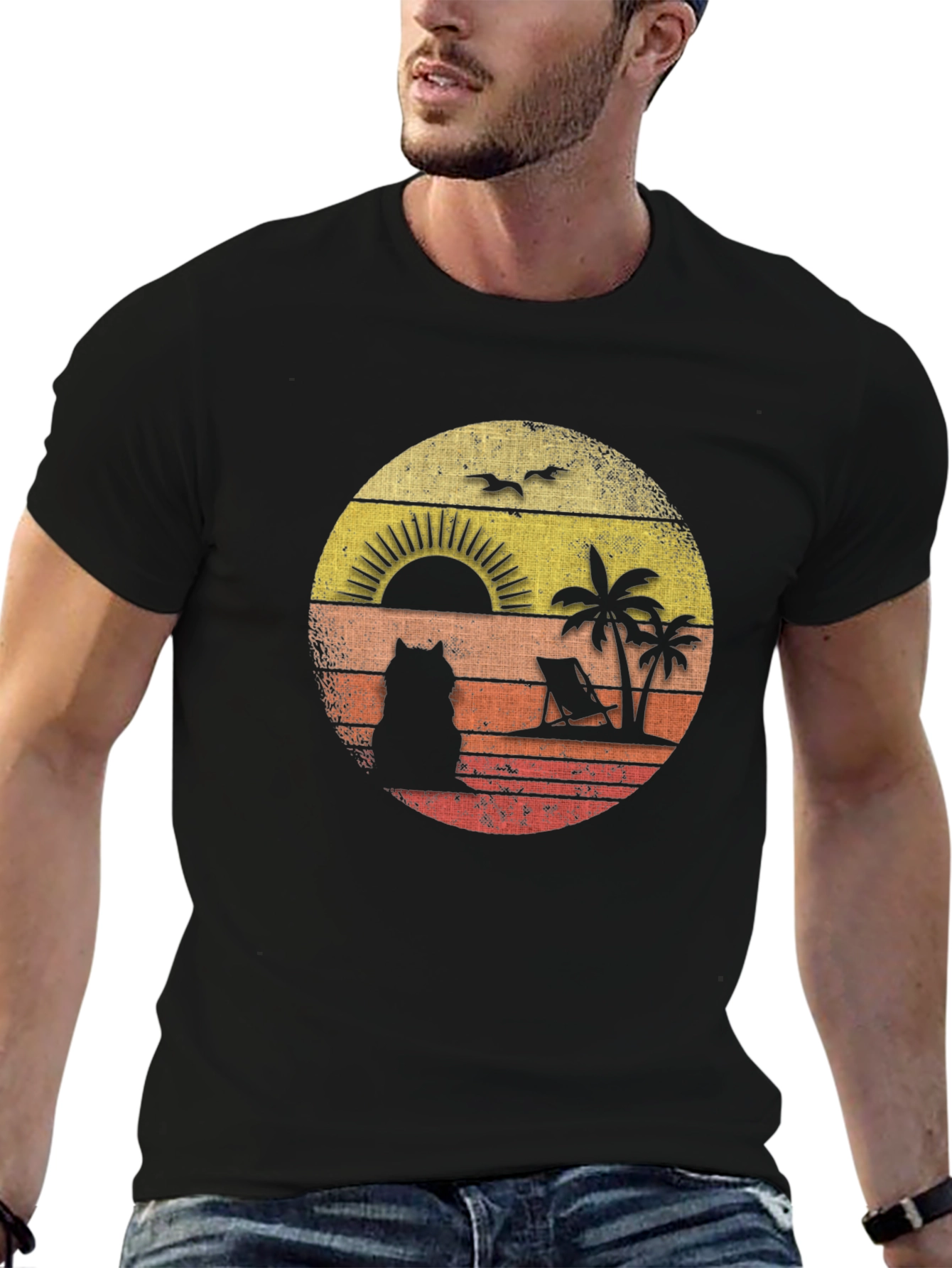 Retro Sunset Cat Beach T-Shirt