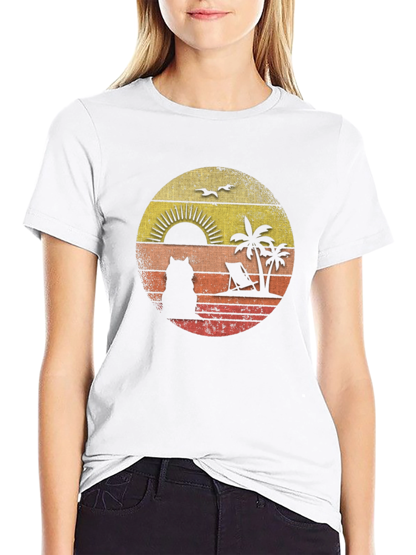 Retro Sunset Cat Beach T-Shirt