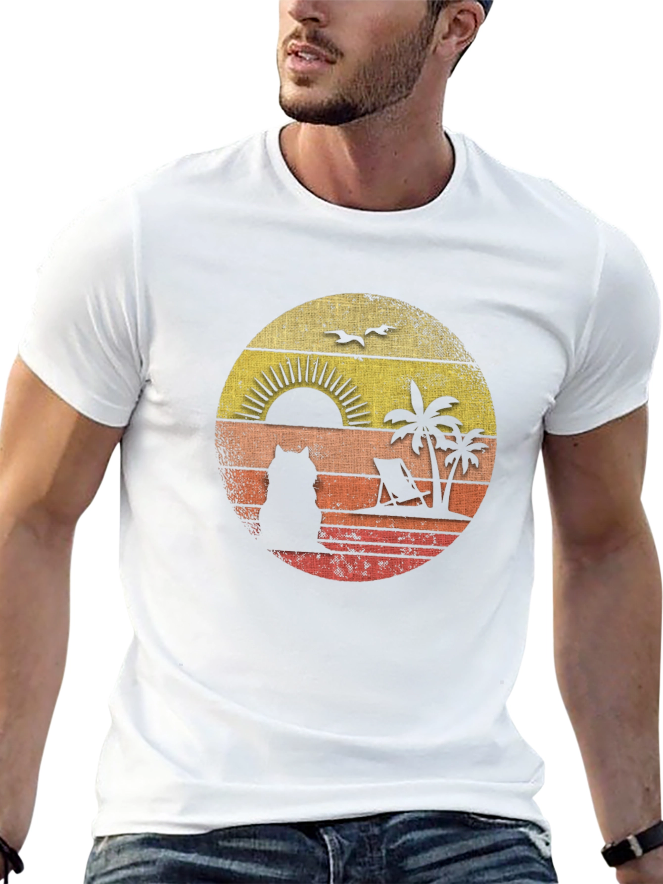 Retro Sunset Cat Beach T-Shirt