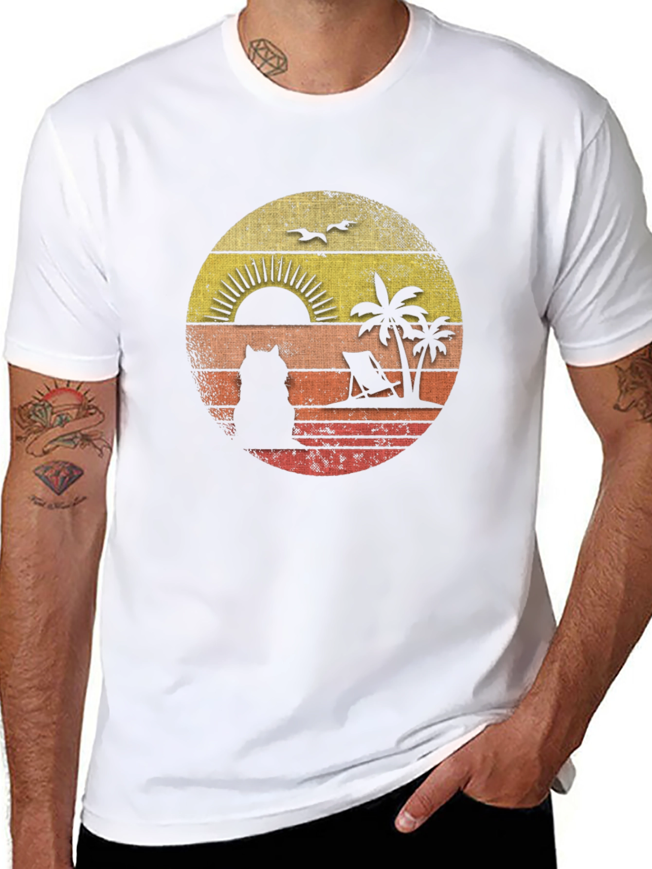 Retro Sunset Cat Beach T-Shirt