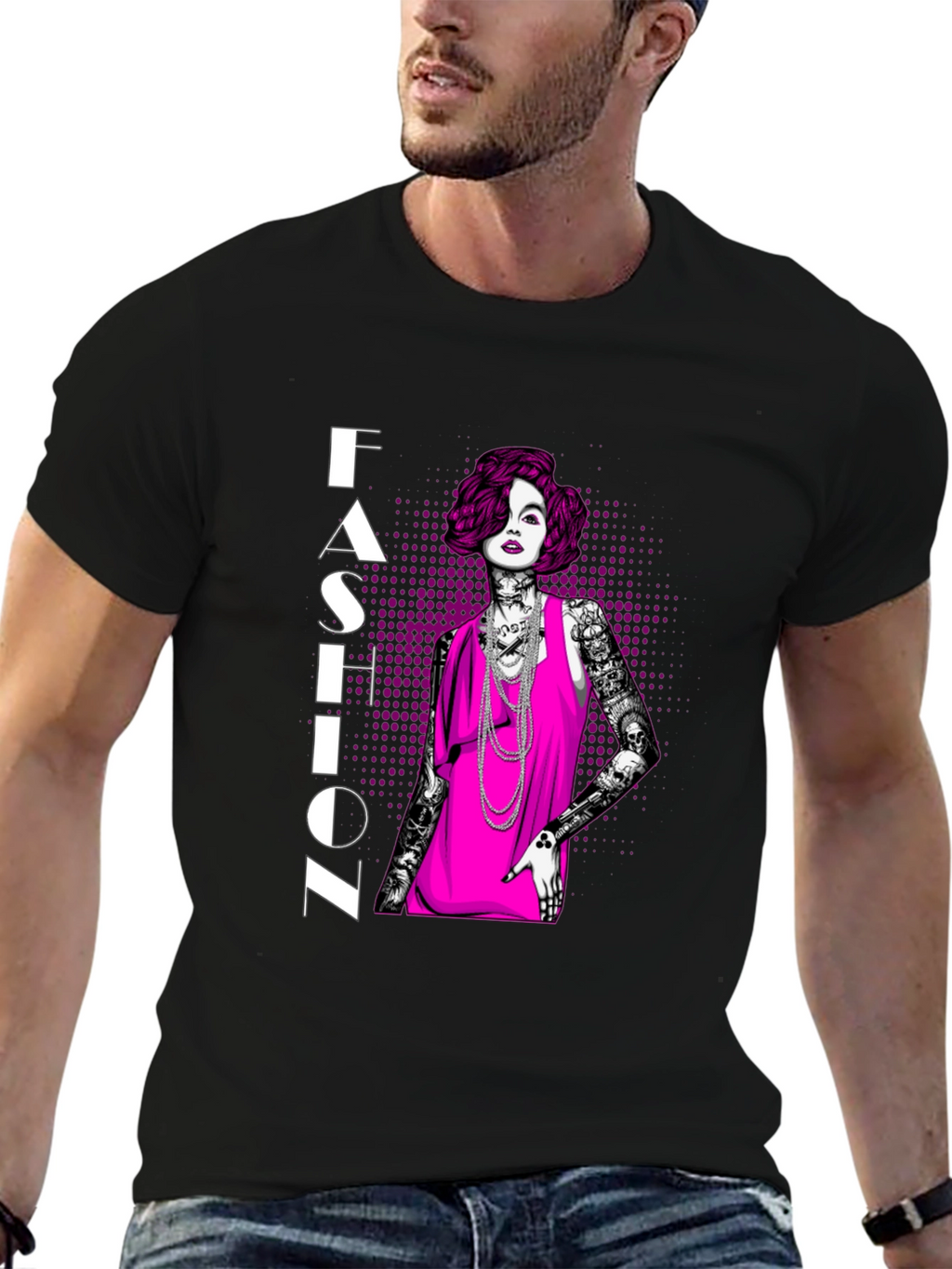 Fashion Illustration Graphic Tee - Black Cotton Shirt