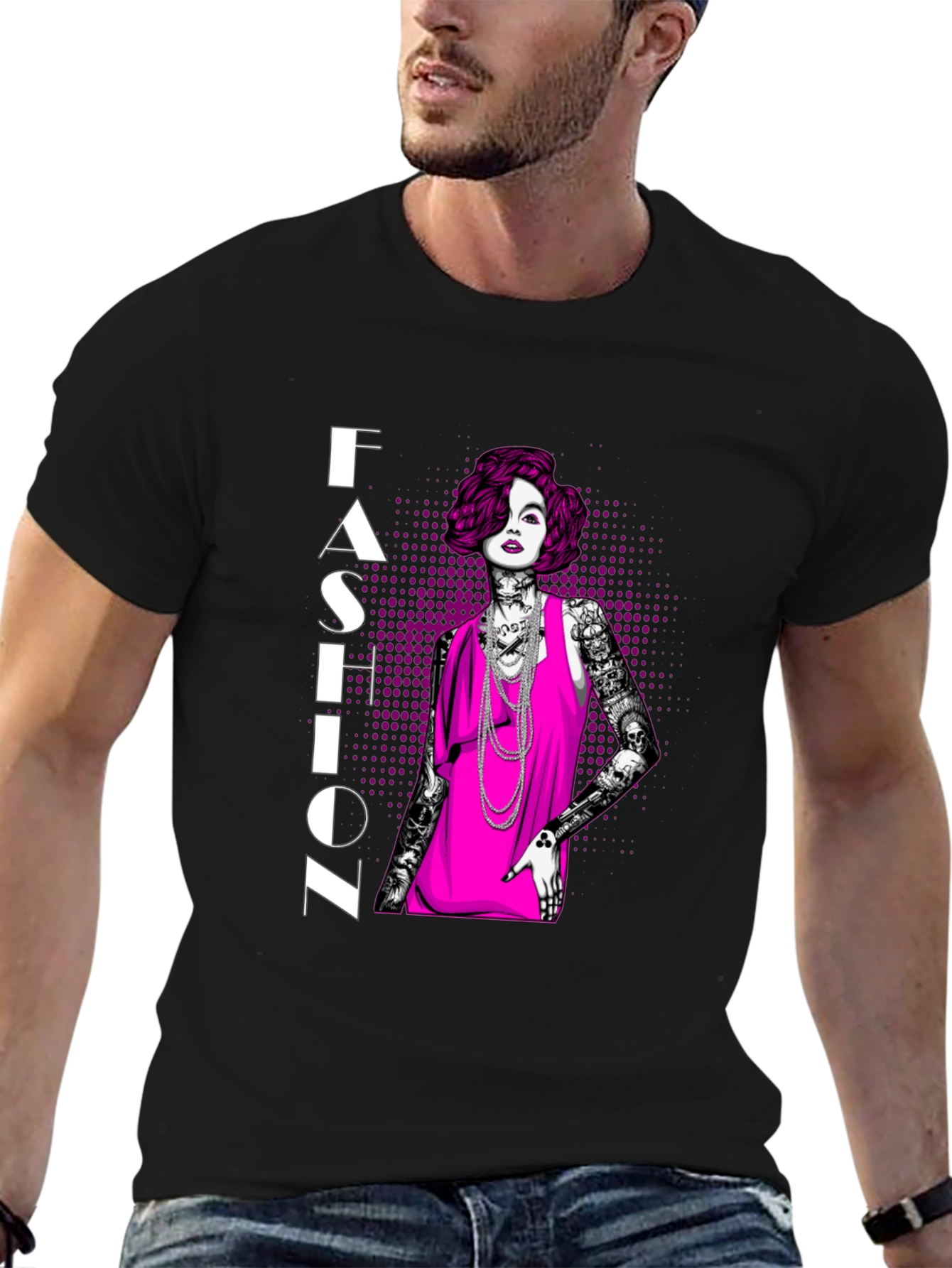Fashion Illustration Graphic Tee - Black Cotton Shirt