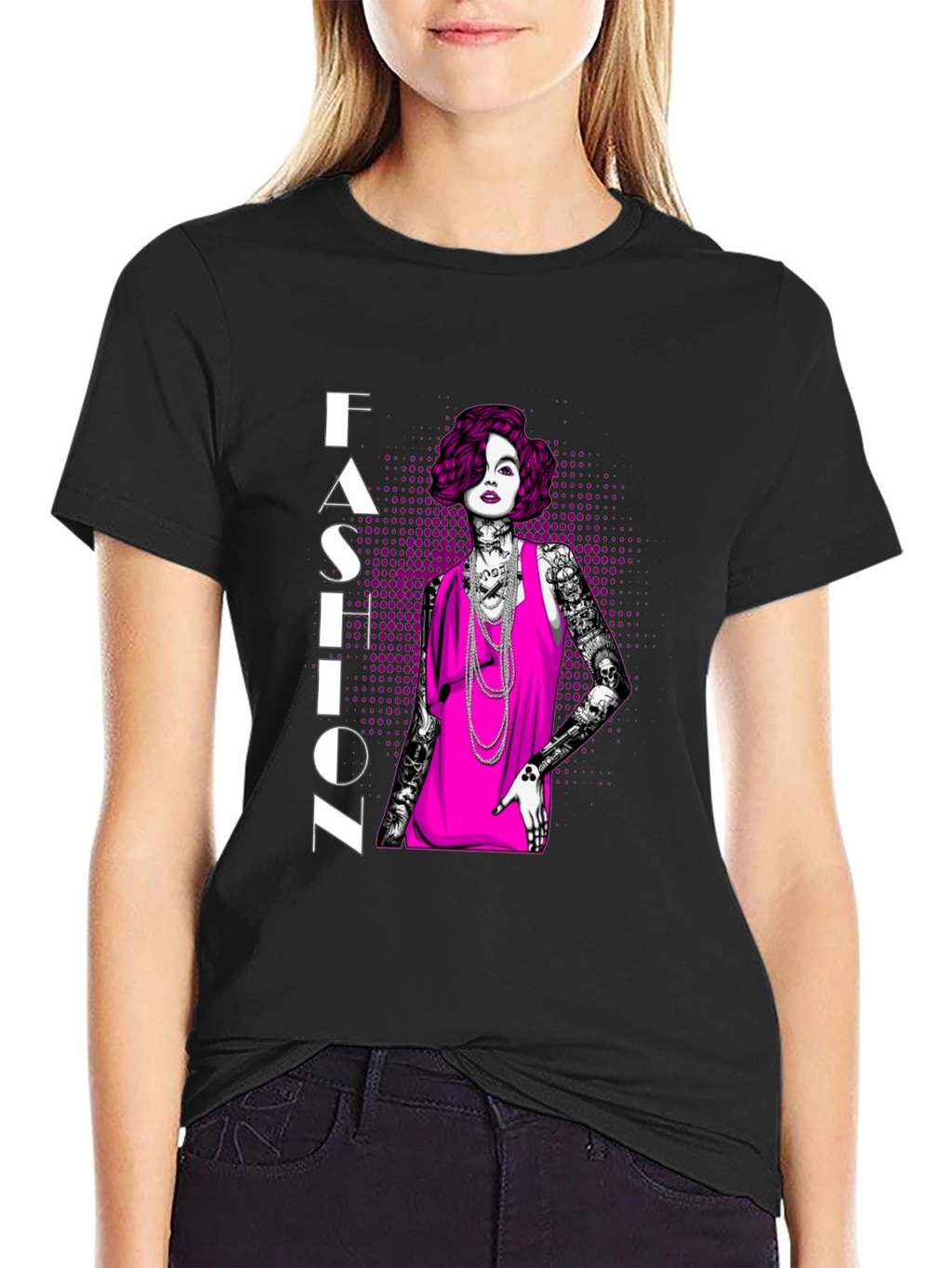 Fashion Illustration Graphic Tee - Black Cotton Shirt