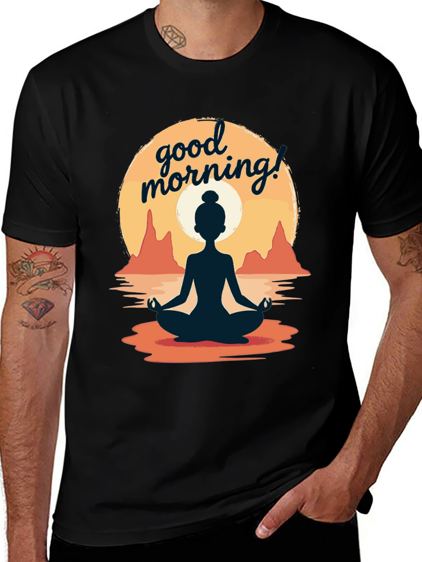 Good Morning Yoga T-Shirt - Meditating Sunrise Design