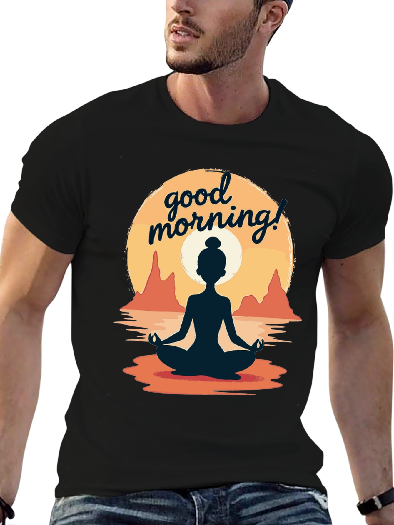 Good Morning Yoga T-Shirt - Meditating Sunrise Design