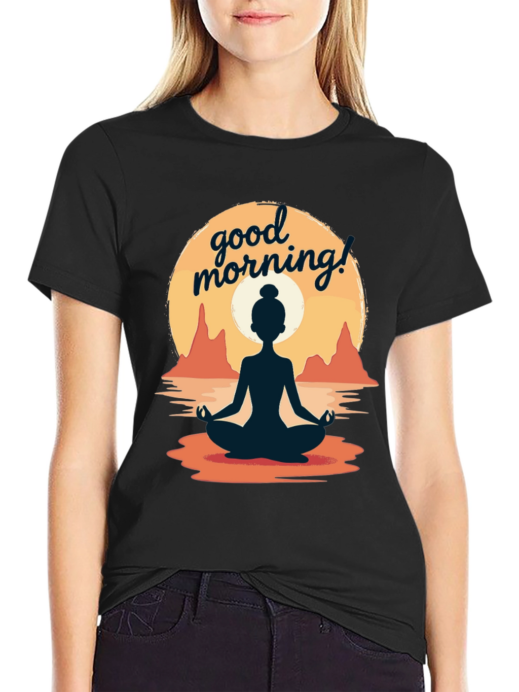 Good Morning Yoga T-Shirt - Meditating Sunrise Design