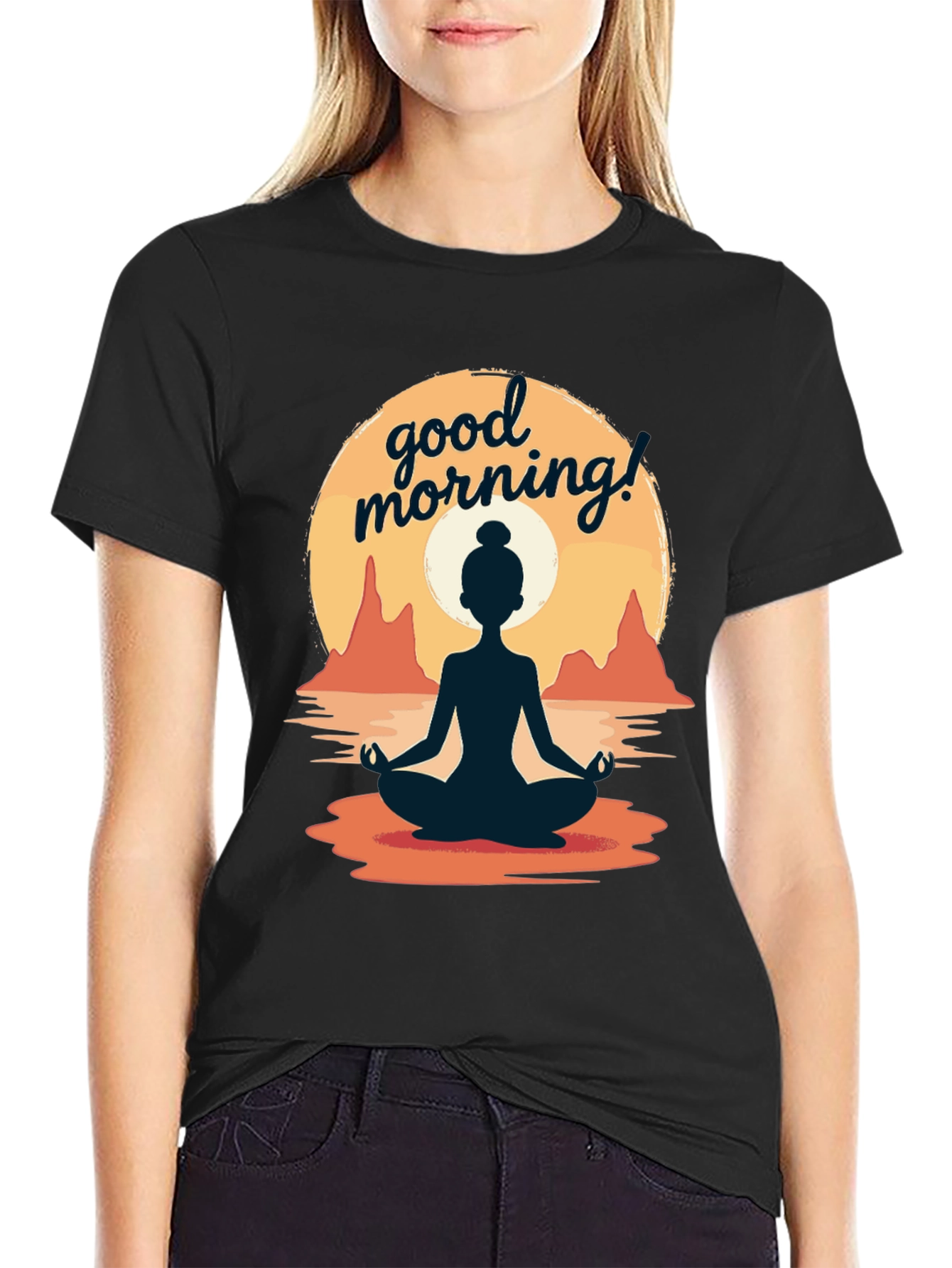Good Morning Yoga T-Shirt - Meditating Sunrise Design