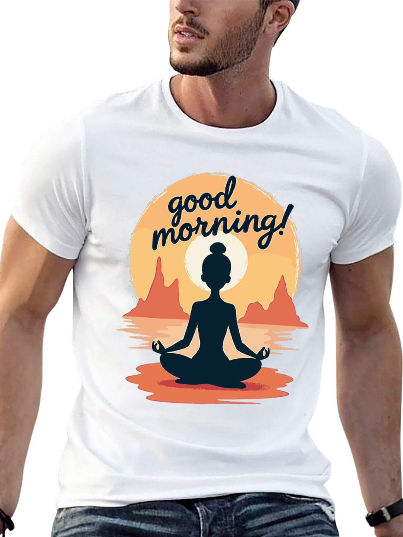 Good Morning Yoga T-Shirt - Meditating Sunrise Design
