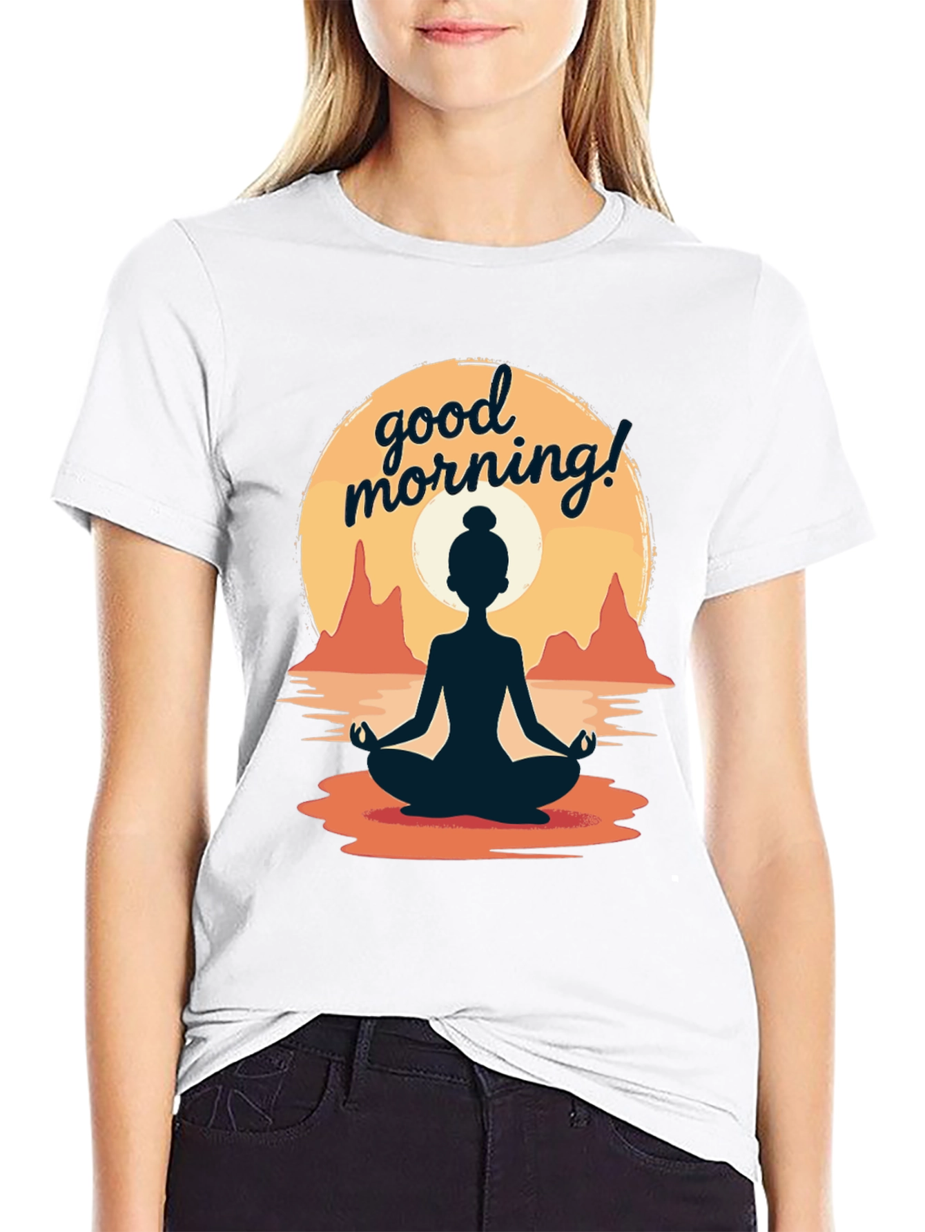 Good Morning Yoga T-Shirt - Meditating Sunrise Design