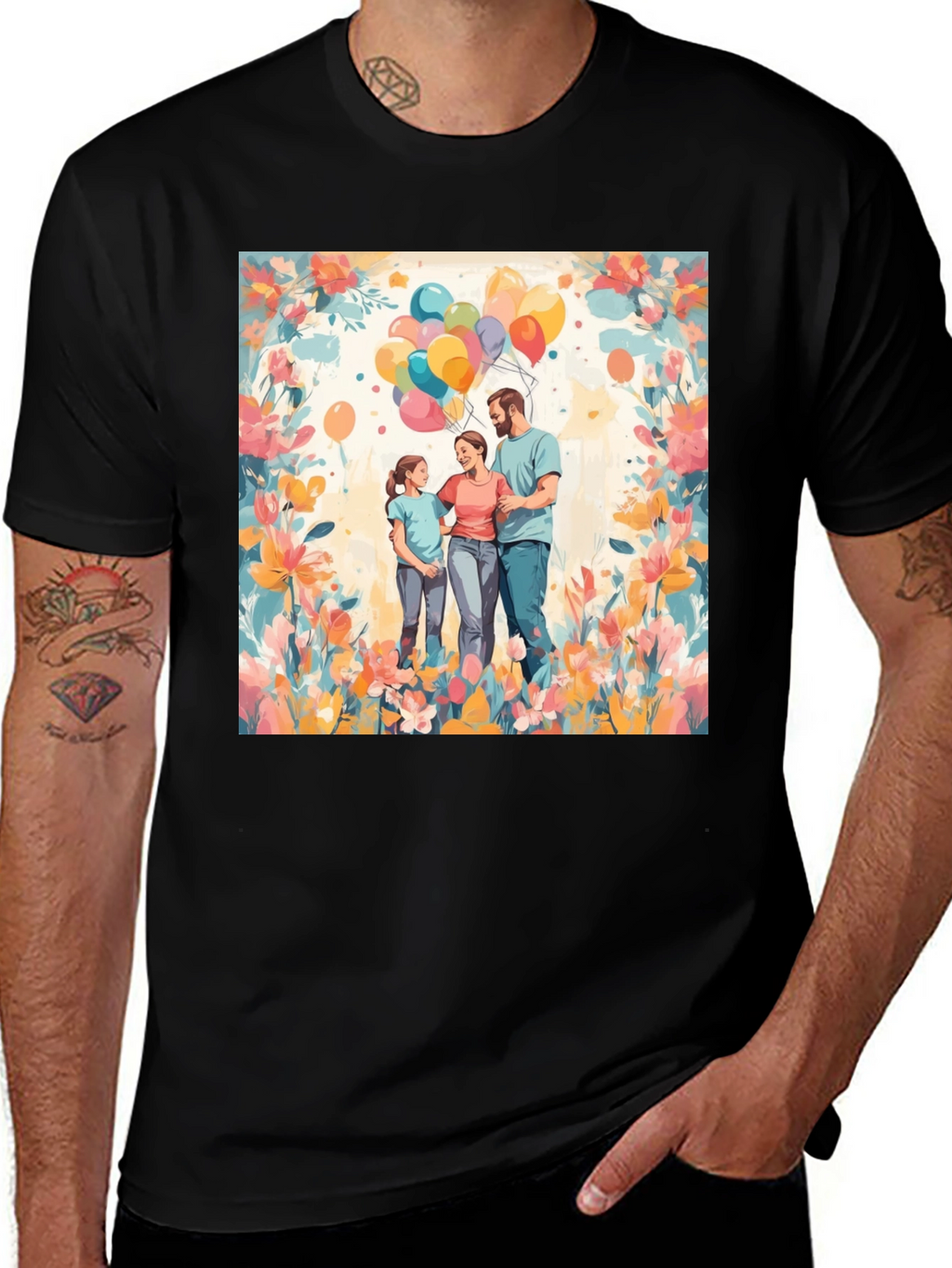 Family Balloon Art Black T-Shirt