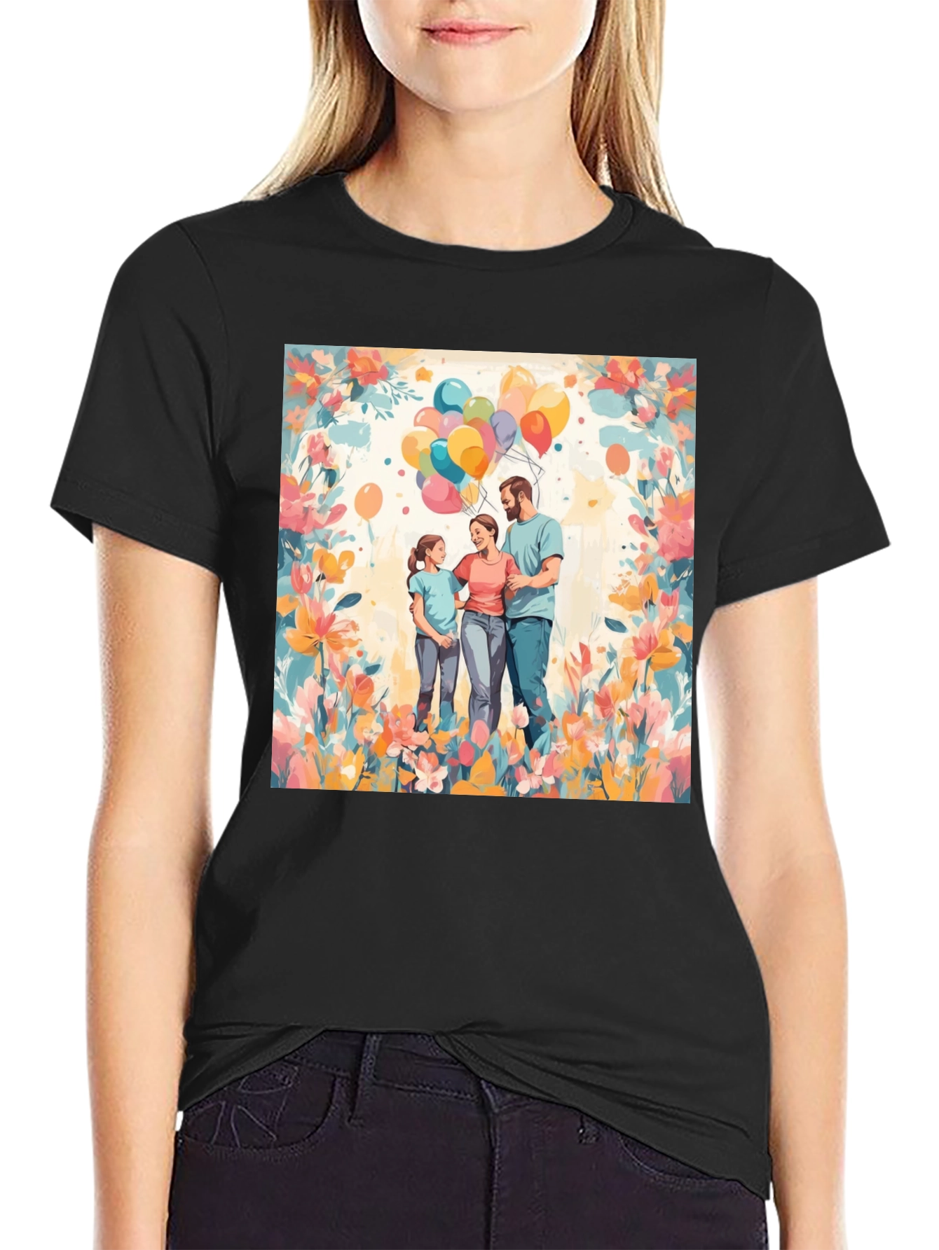 Family Balloon Art Black T-Shirt