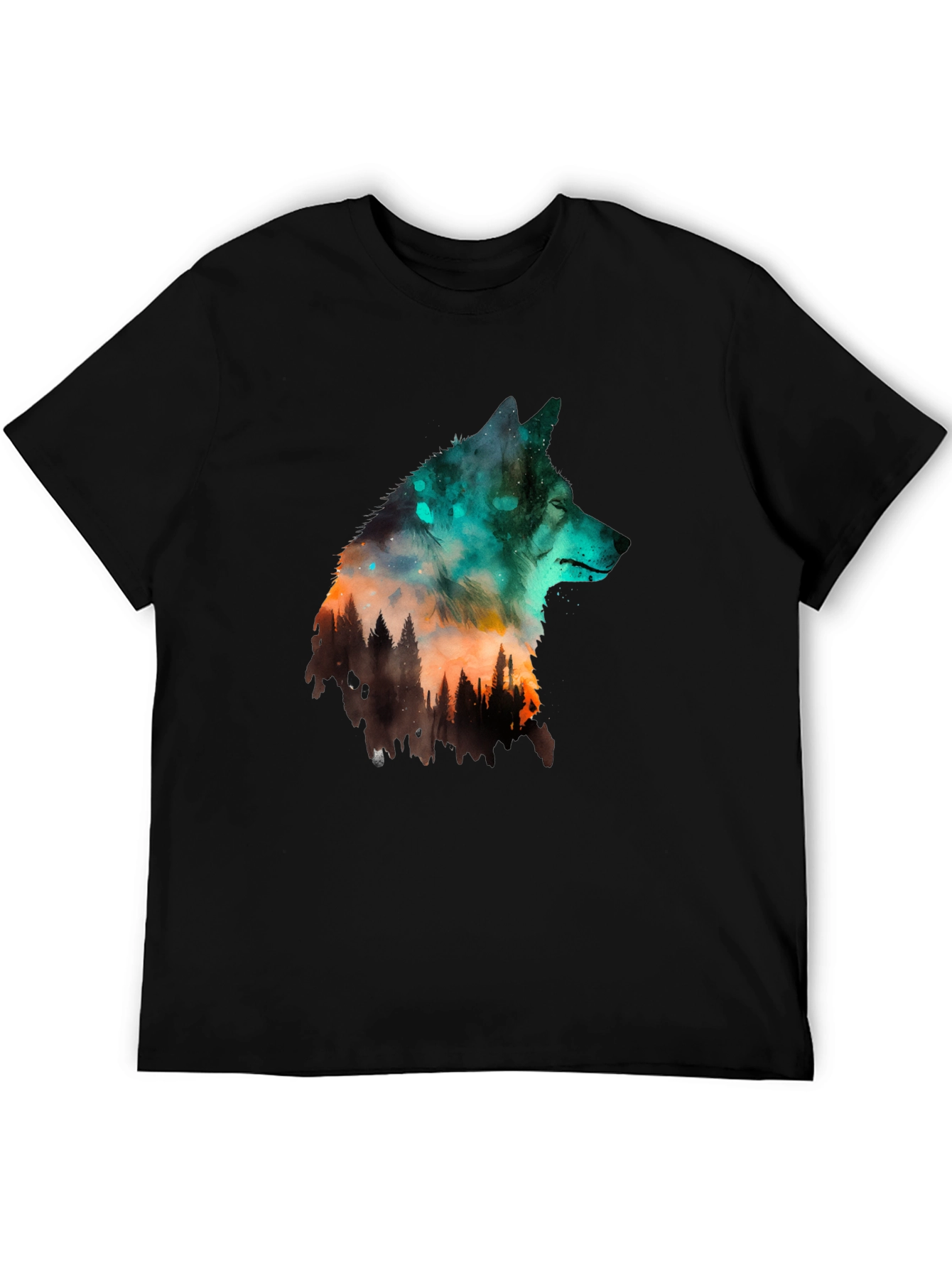 Wolf Forest Graphic Print Black T-Shirt