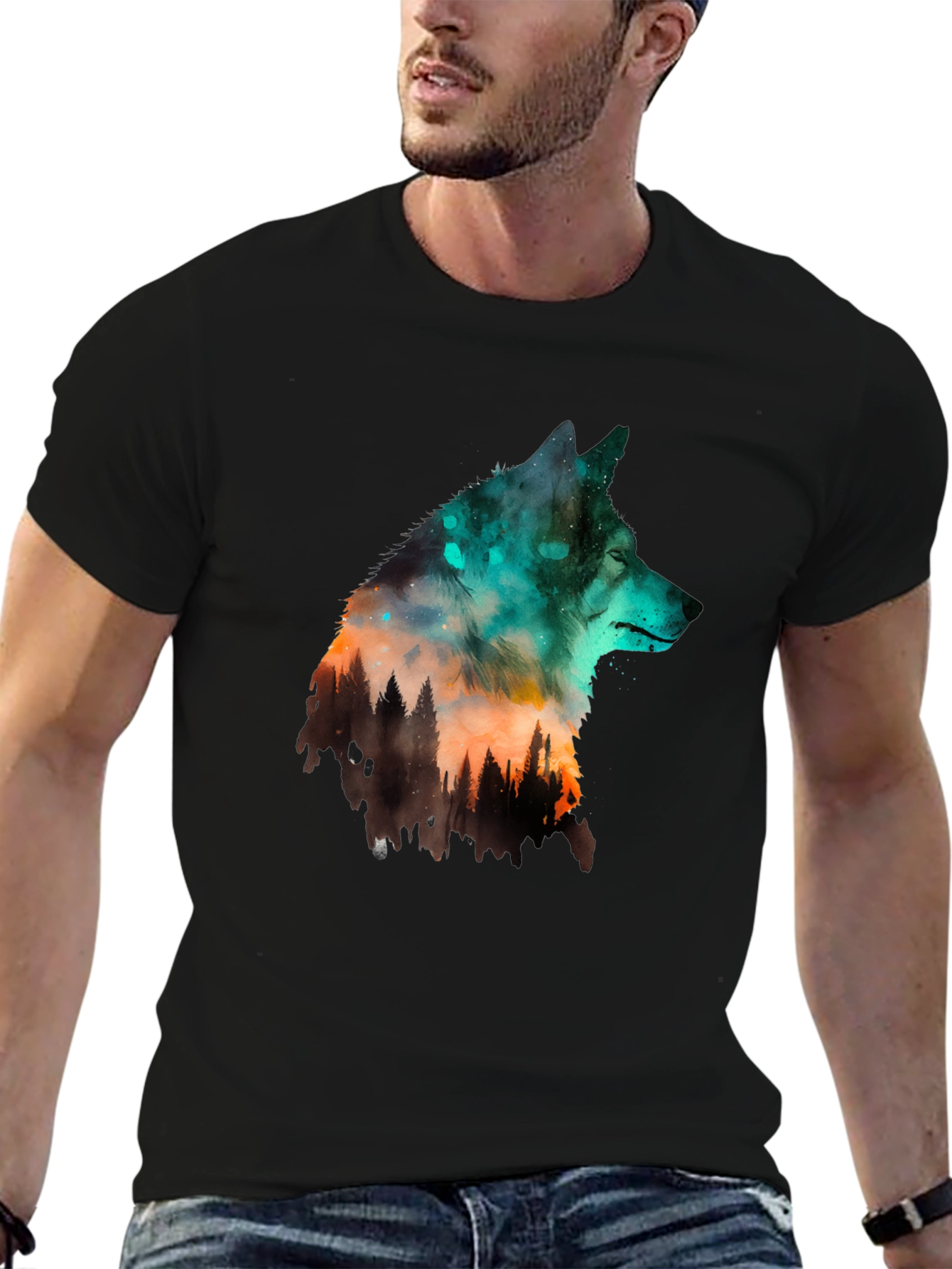 Wolf Forest Graphic Print Black T-Shirt