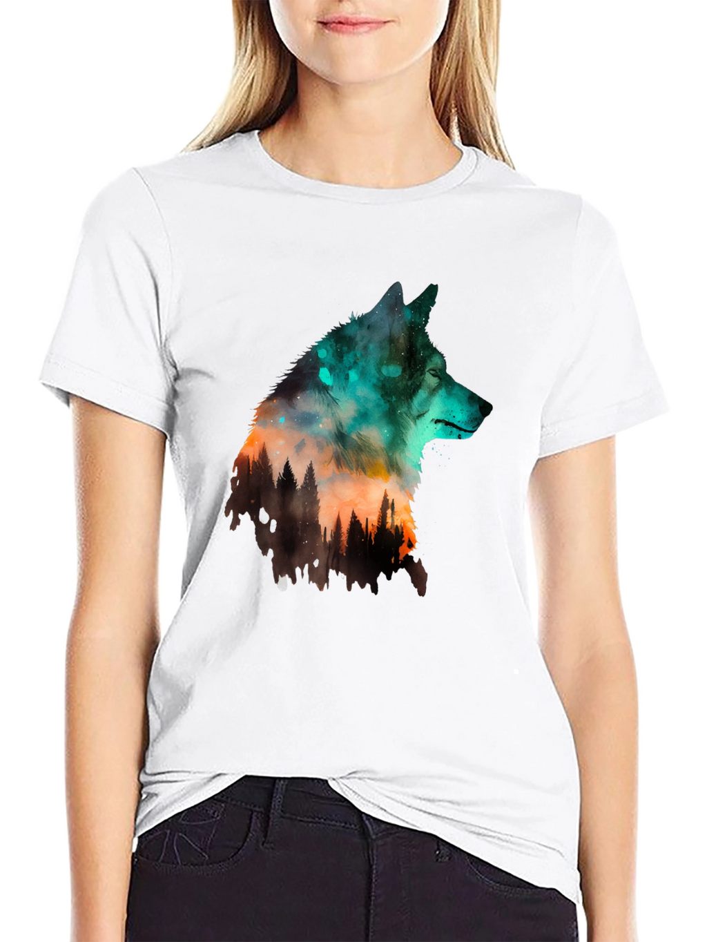 Wolf Forest Graphic Print Black T-Shirt