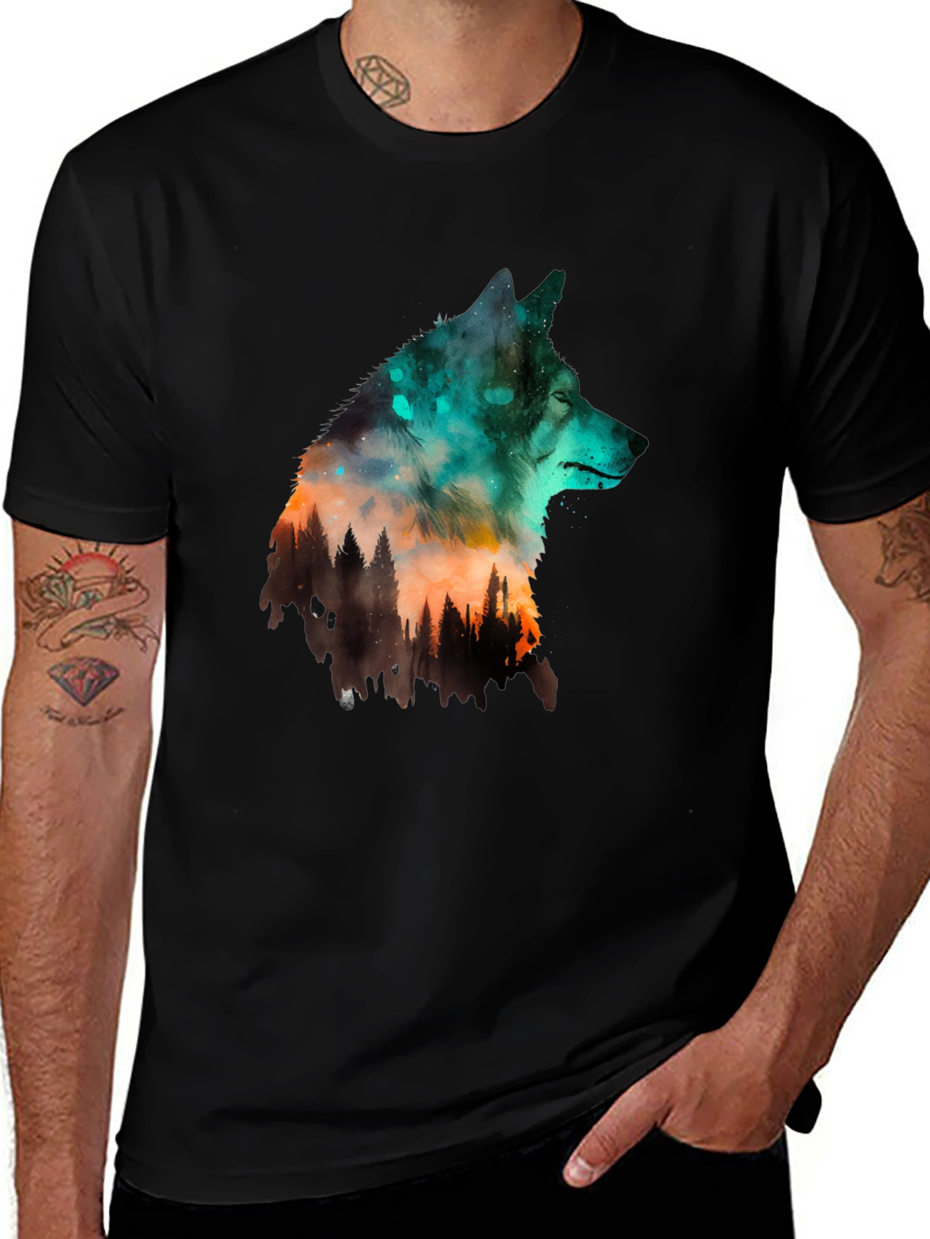 Wolf Forest Graphic Print Black T-Shirt