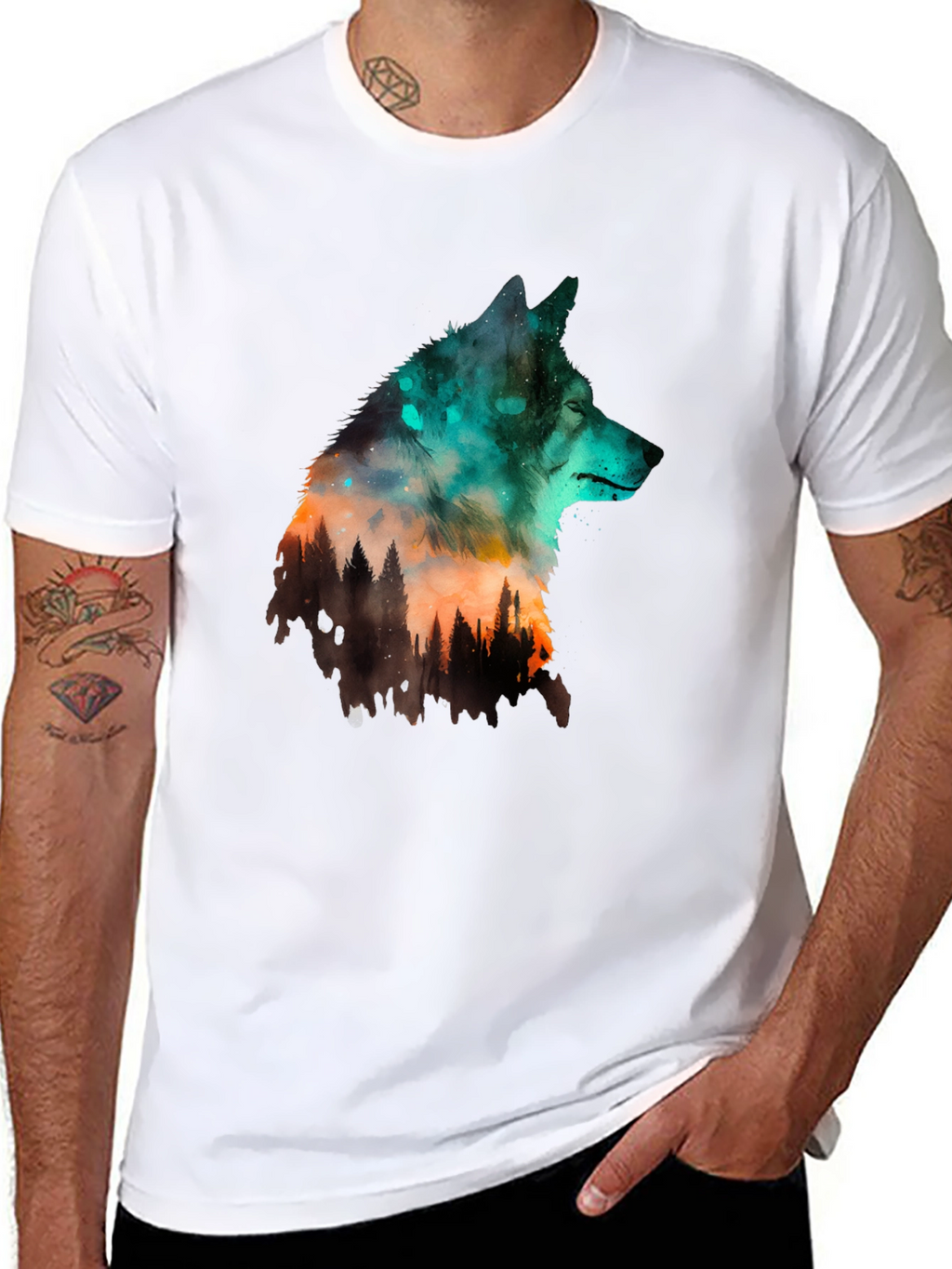 Wolf Forest Graphic Print Black T-Shirt