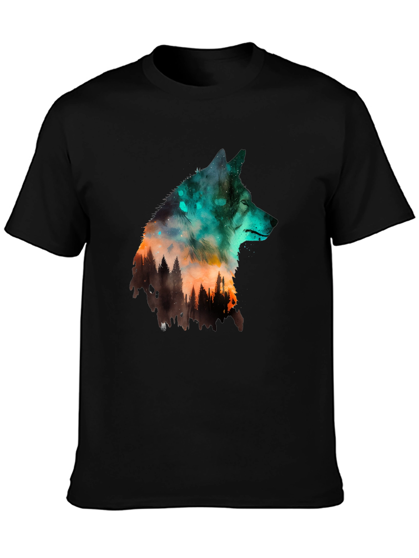 Wolf Forest Graphic Print Black T-Shirt