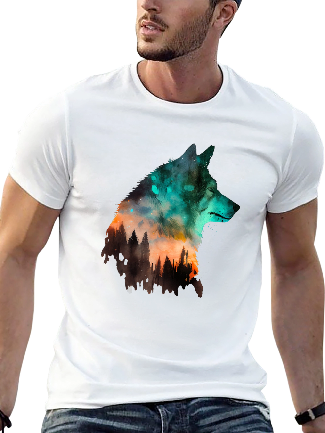 Wolf Forest Graphic Print Black T-Shirt
