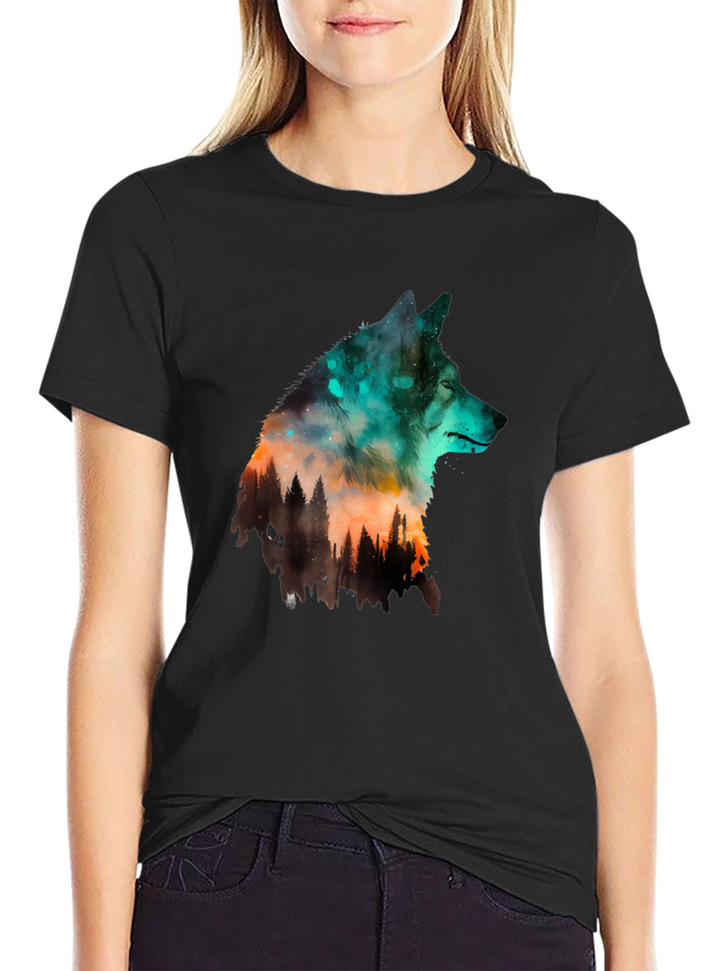 Wolf Forest Graphic Print Black T-Shirt